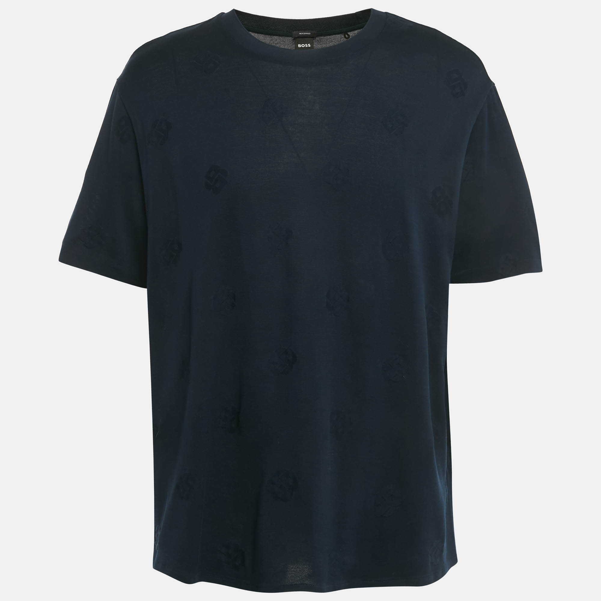 Pre Owned  Boss By Hugo Boss Navy Blue Logo Patterned Cotton Knit  C-Thompson T-Shirt XXXL