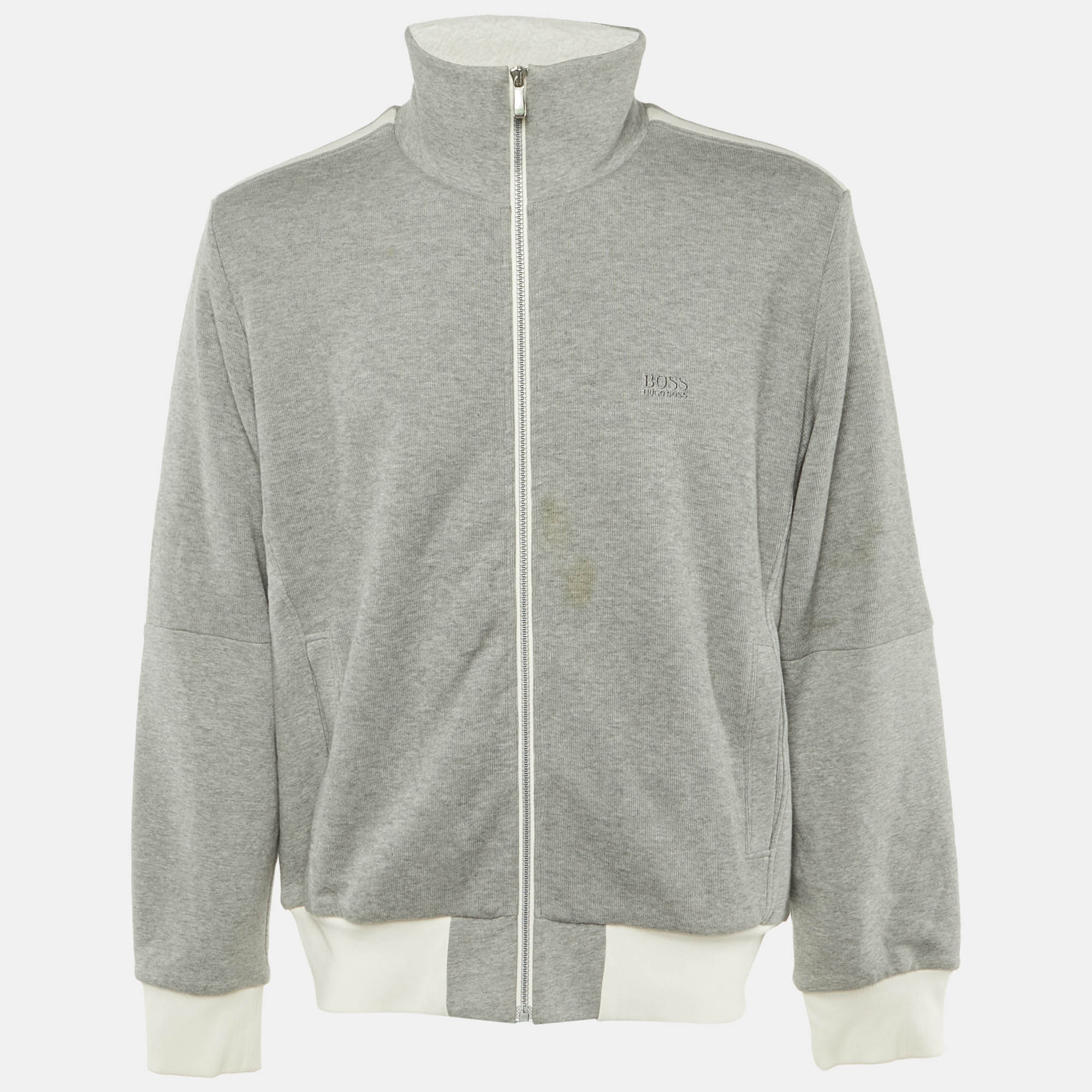 Pre Owned Boss By Hugo Boss Grey Cotton Knit Zip Front Sweater L