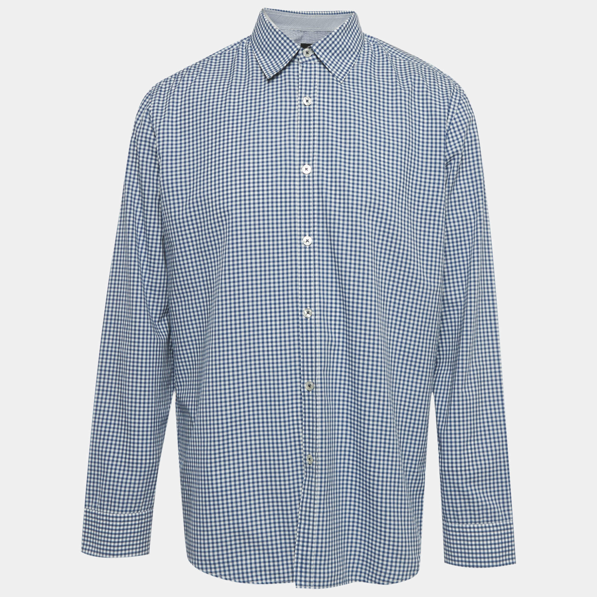 Pre Owned Boss By Hugo Boss Blue/White Checkered Cotton Obert Regular Fit Shirt XL 