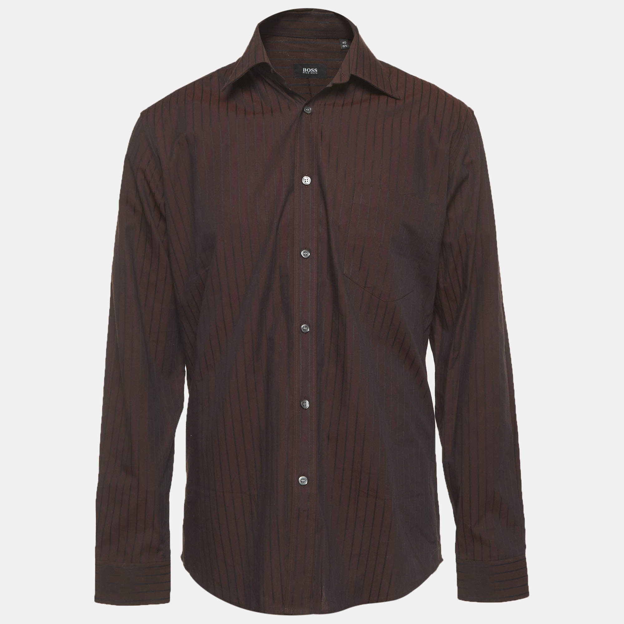 Pre Owned Boss By Hugo Boss Brown Striped Long Sleeve Shirt L