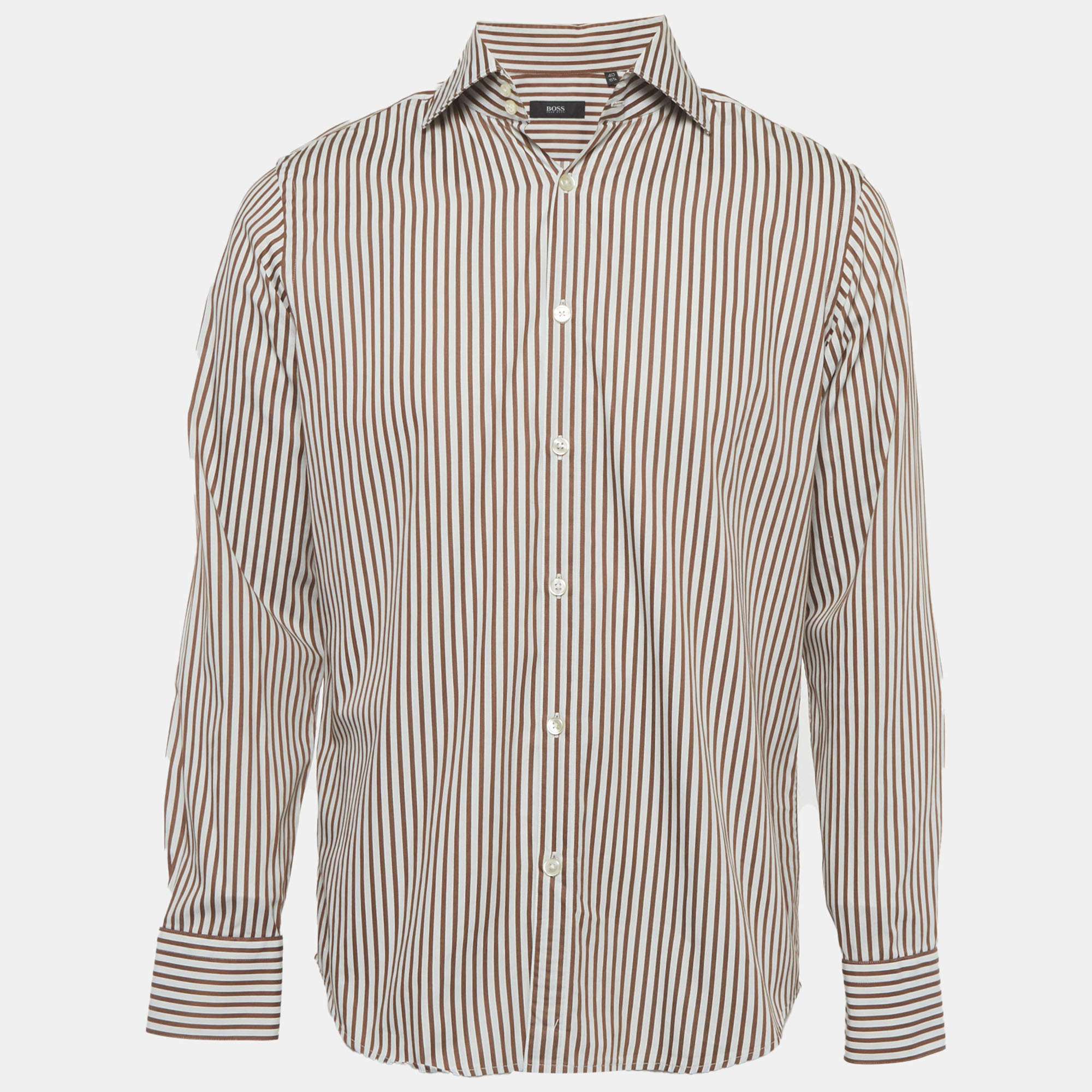 Pre Owned Boss By Hugo Boss Brown/White Striped Cotton Shirt L
