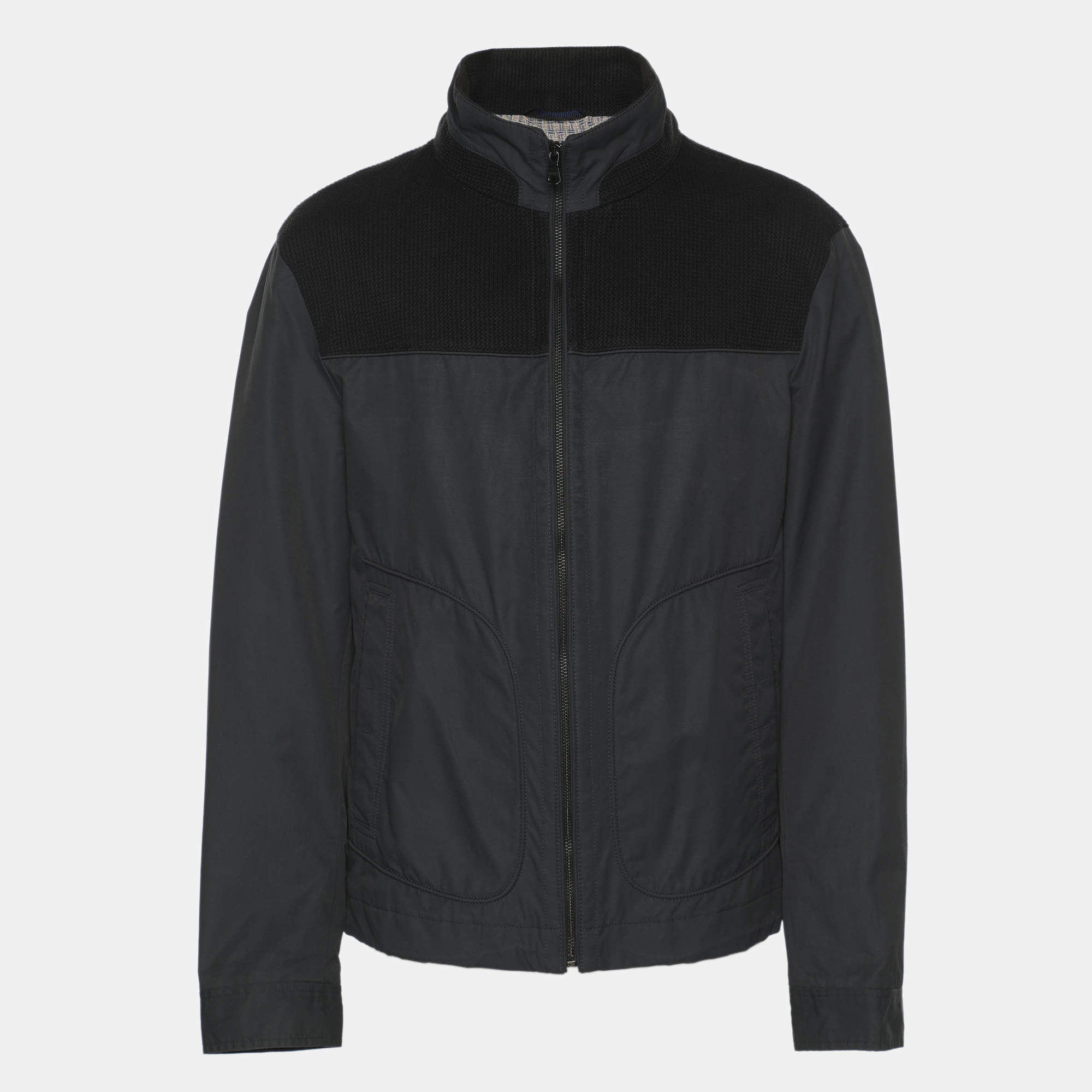 Pre Owned Boss By Hugo Boss Navy Blue Gabardine and Rib Knit Jacket XXL