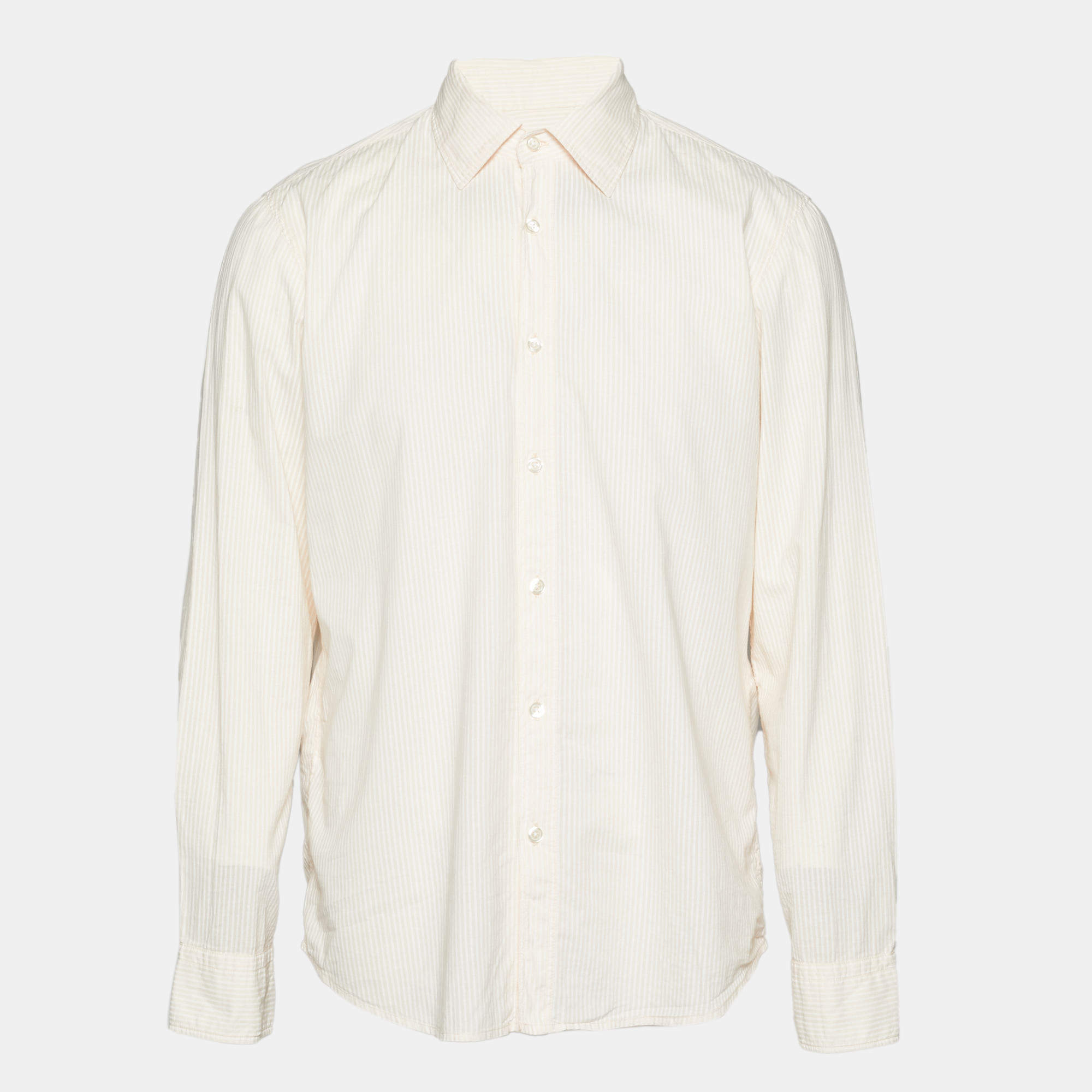 Pre Owned Boss By Hugo Boss Light Orange Striped Cotton Long Sleeve Shirt L