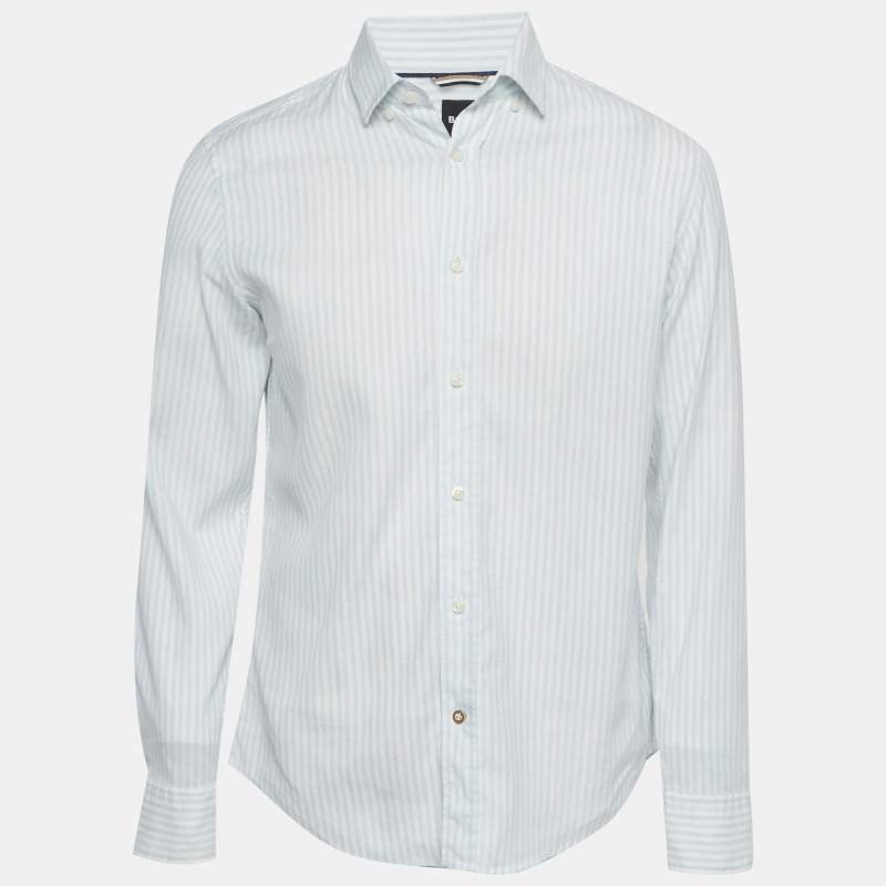 مملوكة مسبقًا Boss By Hugo Boss White/Blue Cotton Blend Striped Casual Fit Shirt M
