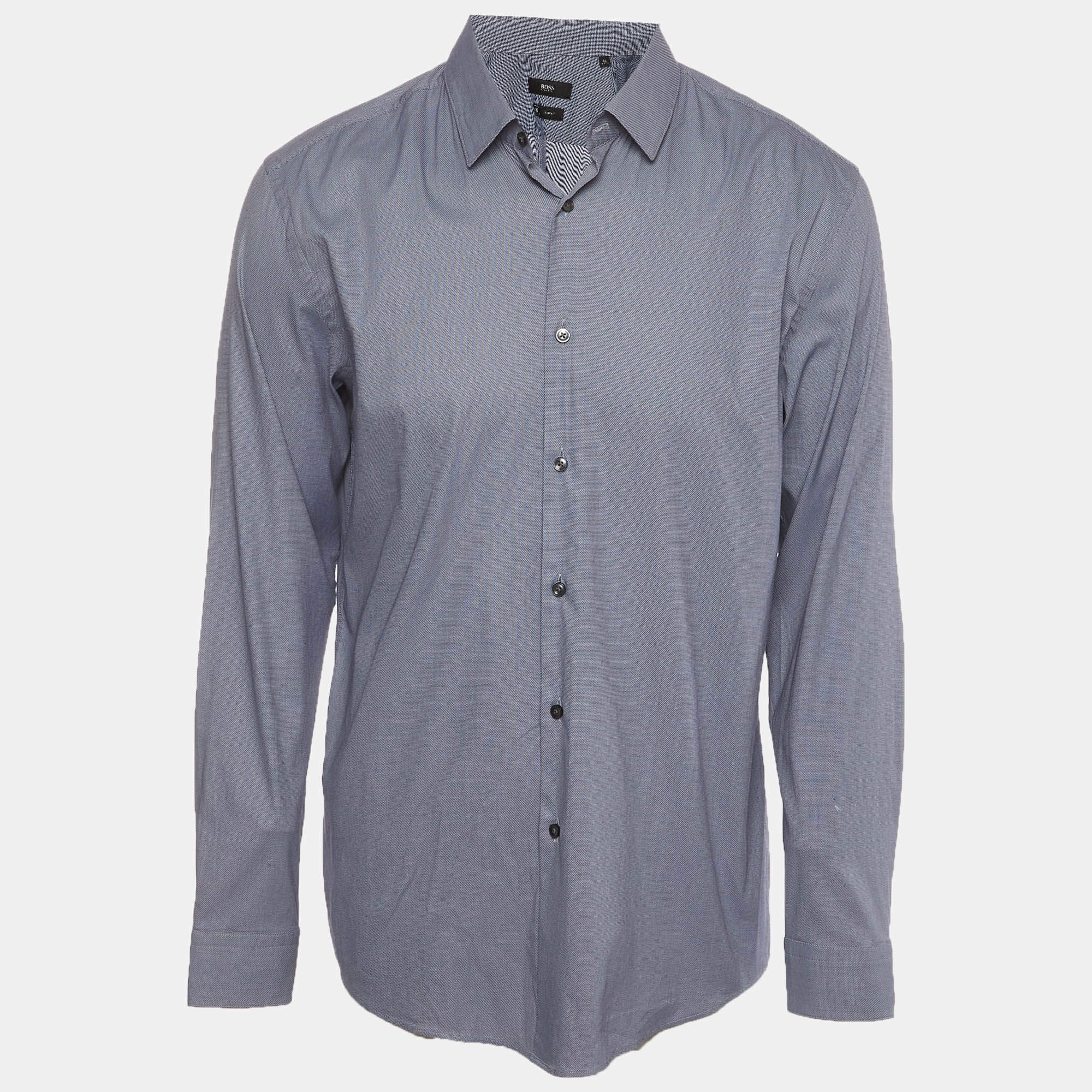 Pre Owned  Boss By Hugo Boss Blue Textured Cotton Blend Slim Fit Isko Shirt XS