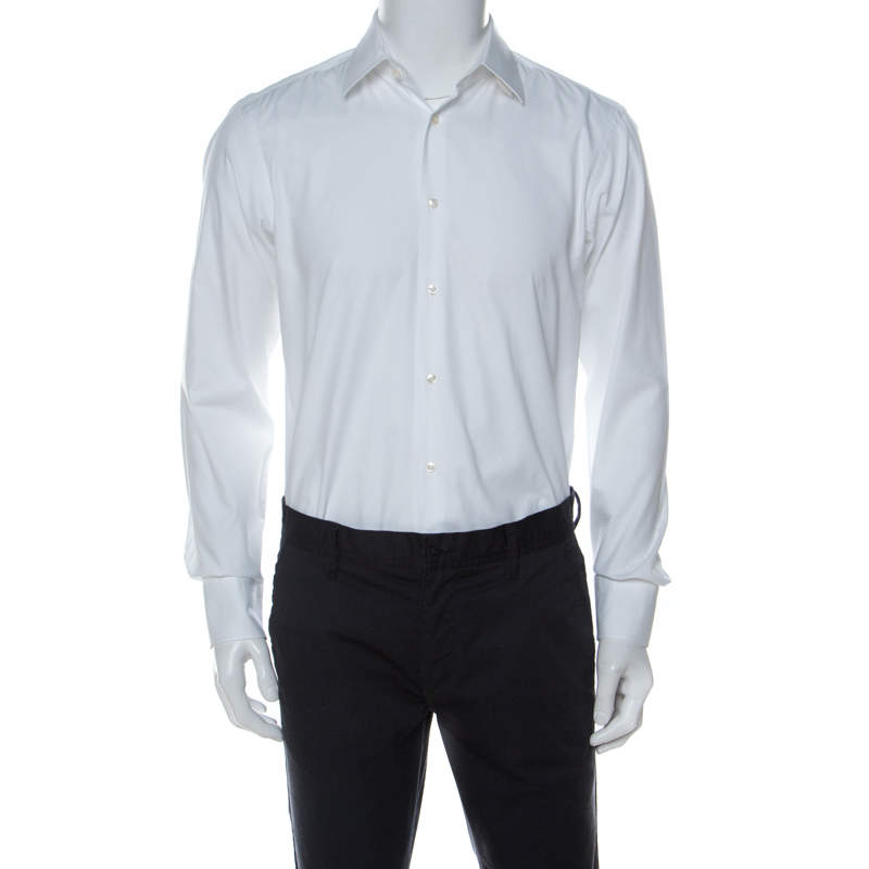 Boss By Hugo Boss White Cotton Woven Jacquard Regular Fit Enzo Shirt M