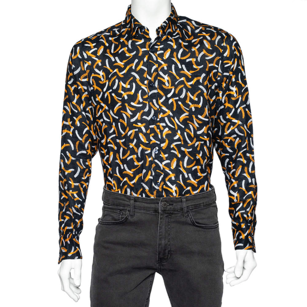 Pre Owned قميص بوس باي هوغو بوس قصة إعتيادية رلاغانت كتان مطبوع أسود مقاس متوسط