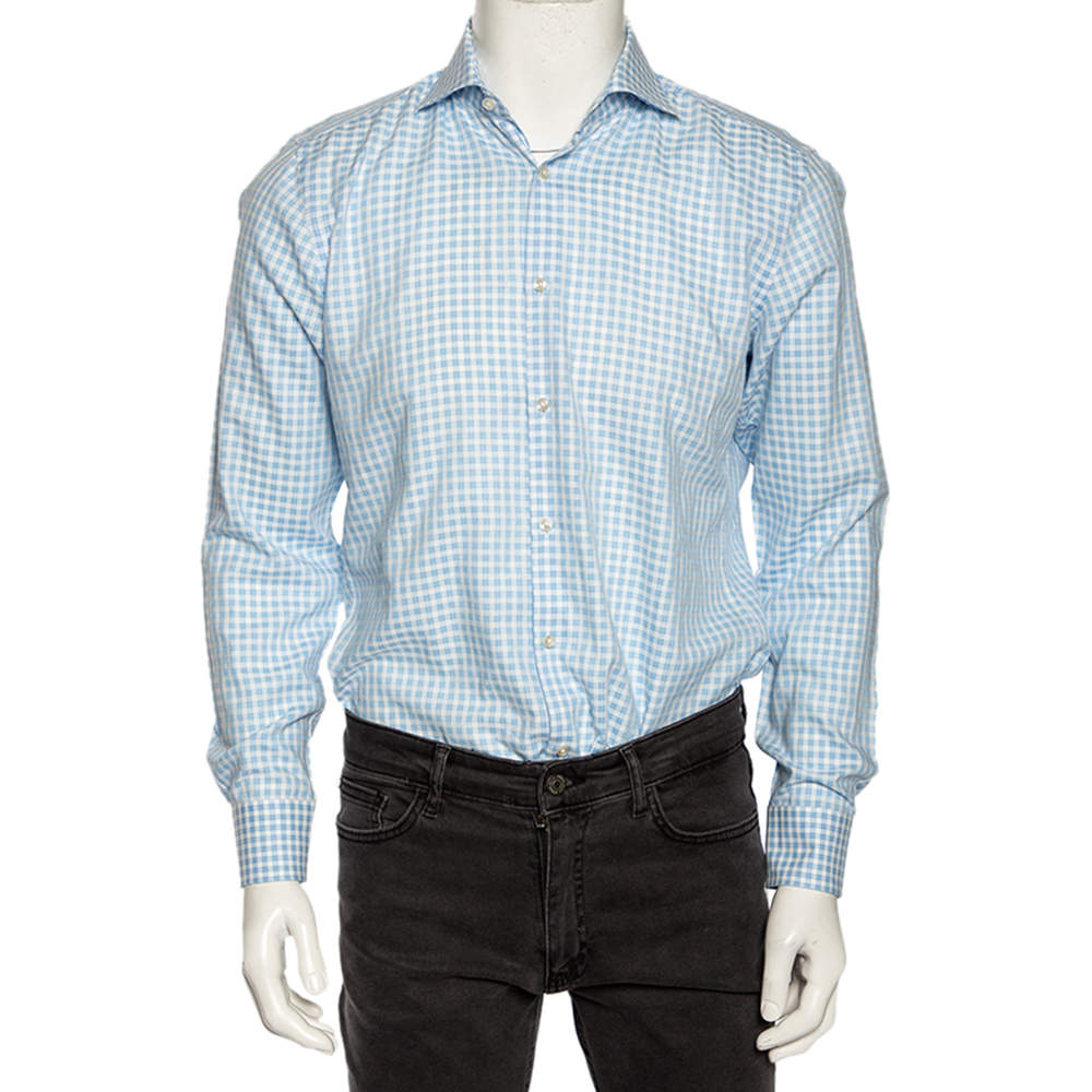 Pre Owned Boss Hugo Boss Blue Checkered Cotton Slim Fit Shirt M