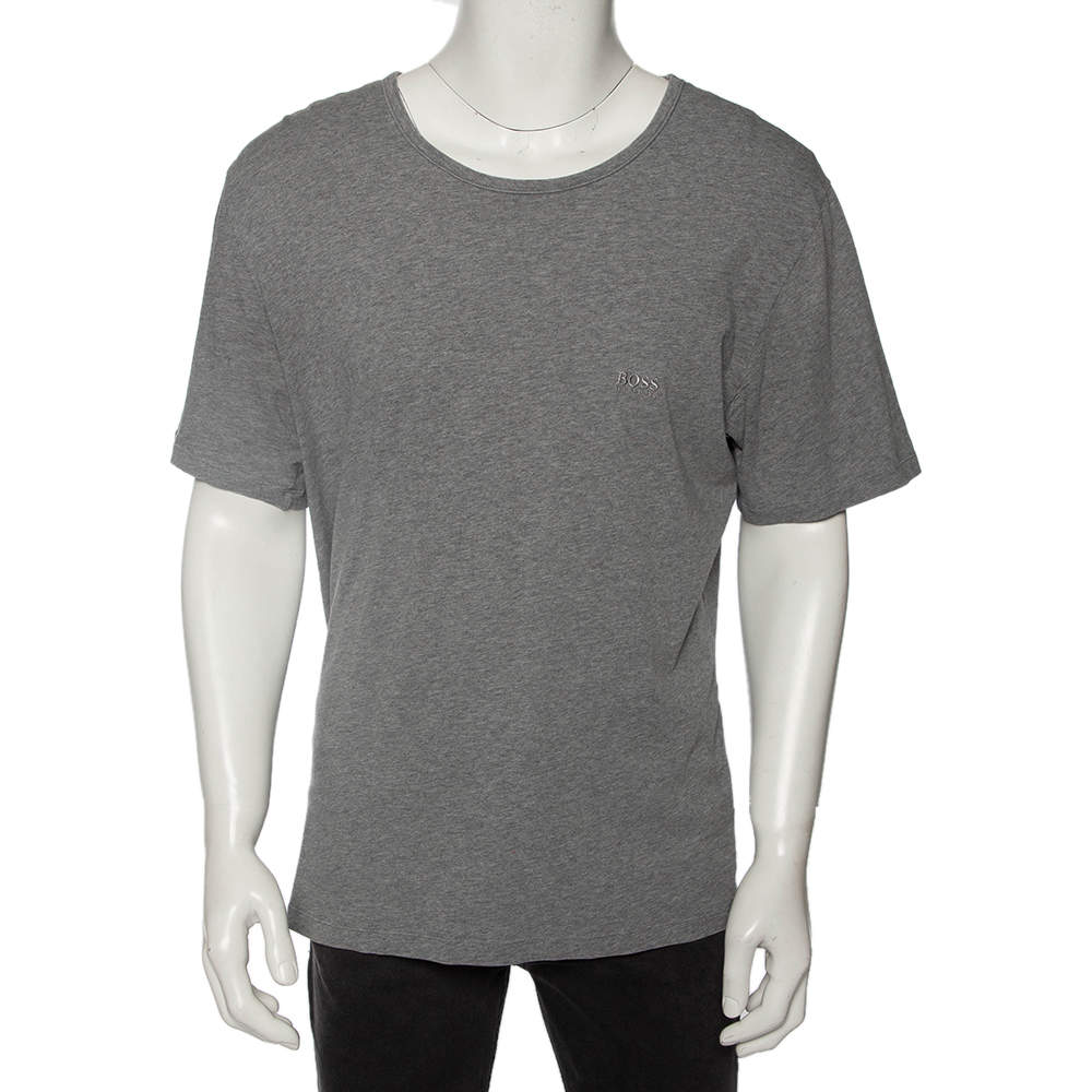 مملوكة مسبقًا تي شيرت بوس باي هوغو بوس كم قصير مطرز شعار قطن رمادي مقاس كبير جدا جدا