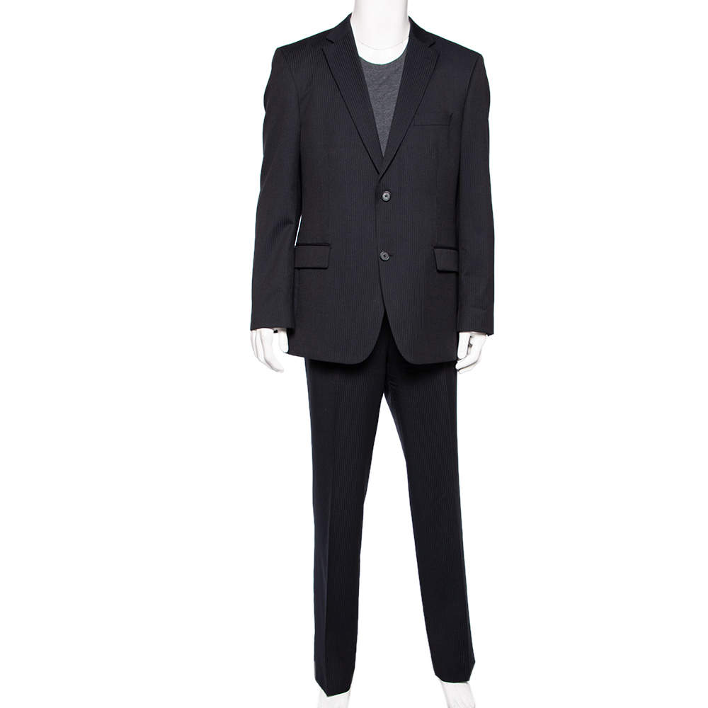 Pre Owned Boss By Hugo Boss Black Striped Wool Single Breasted Suit XXL