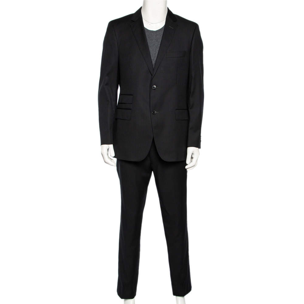 Pre Owned Boss By Hugo Boss Black Wool Super110 Suit L