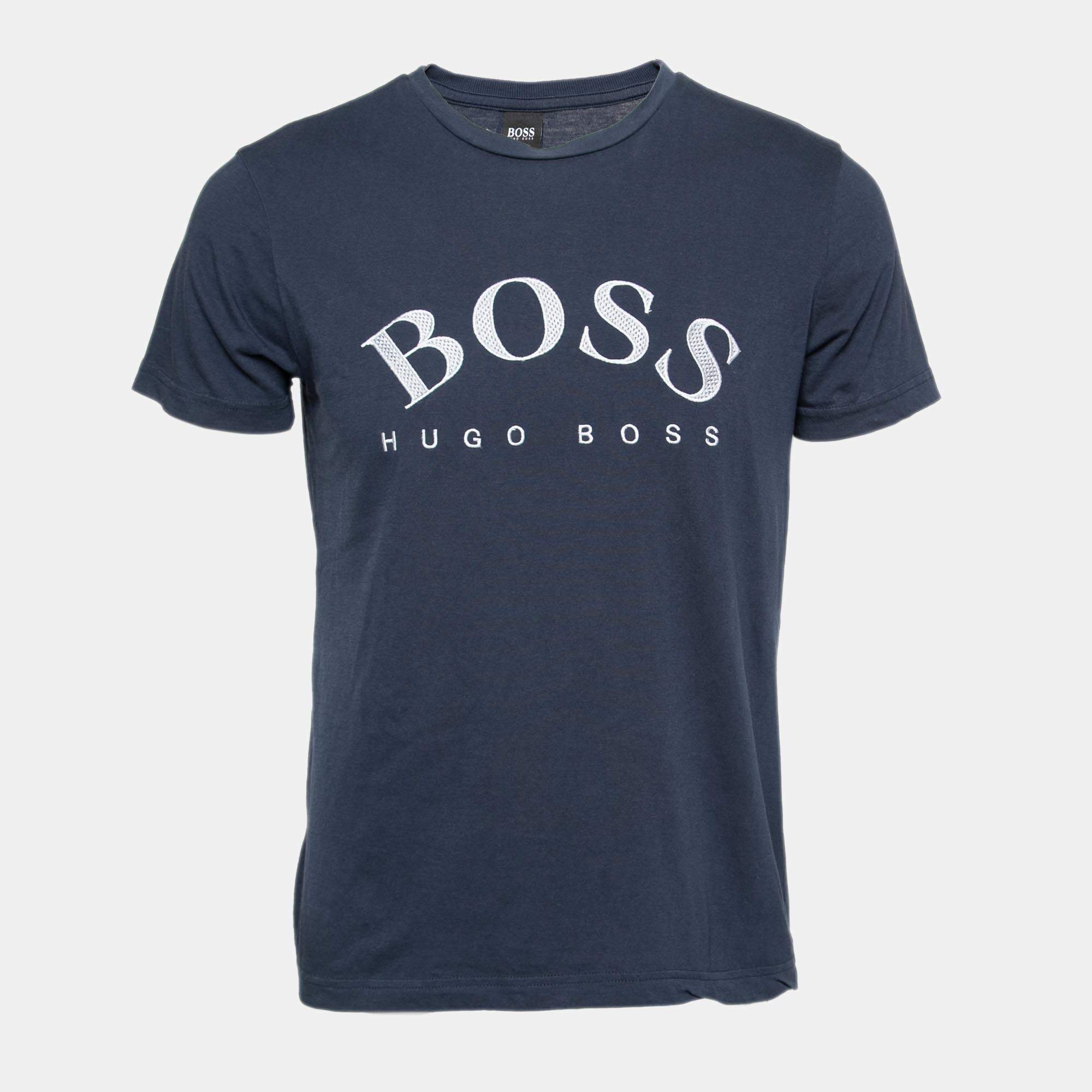 مملوكة مسبقًا Boss By Hugo Boss Blue Logo Embroidered Crew Neck T-Shirts S