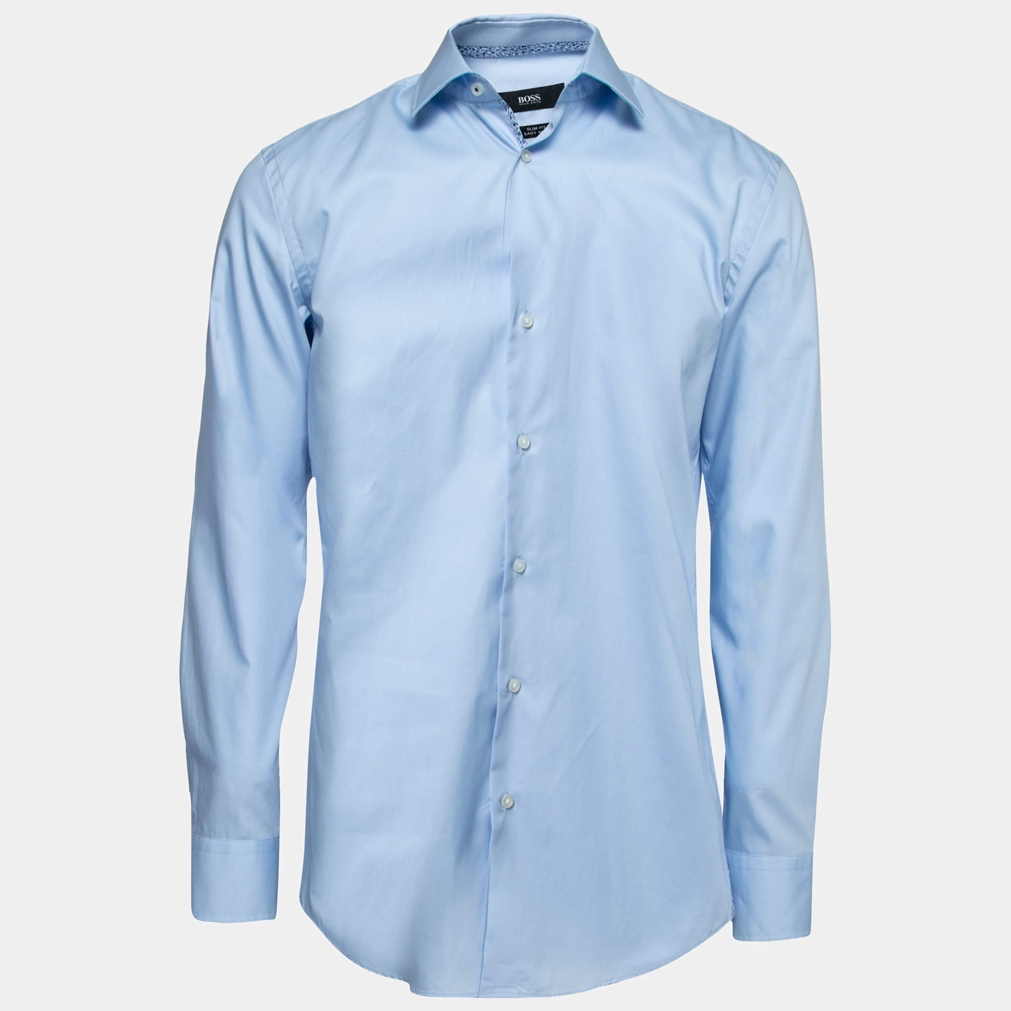 Pre Owned Boss By Hugo Boss Blue Cotton Slim Fit Button Front Shirt L