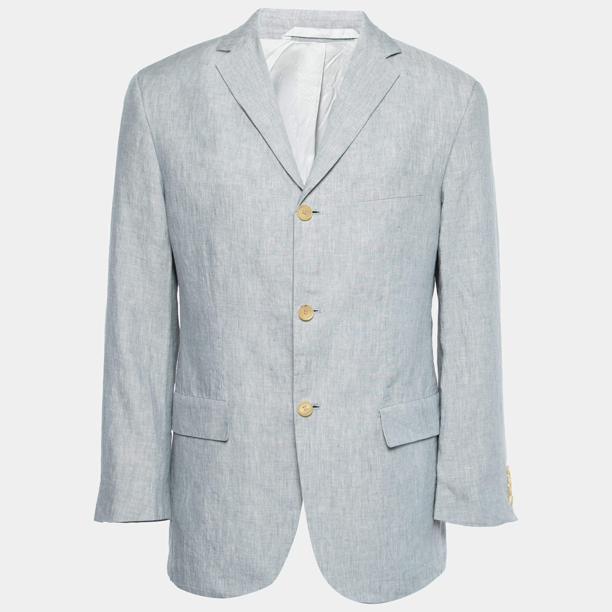 Pre Owned Boss By Hugo Boss Vintage Light Blue Linen Single-Breasted Connery Blazer L 