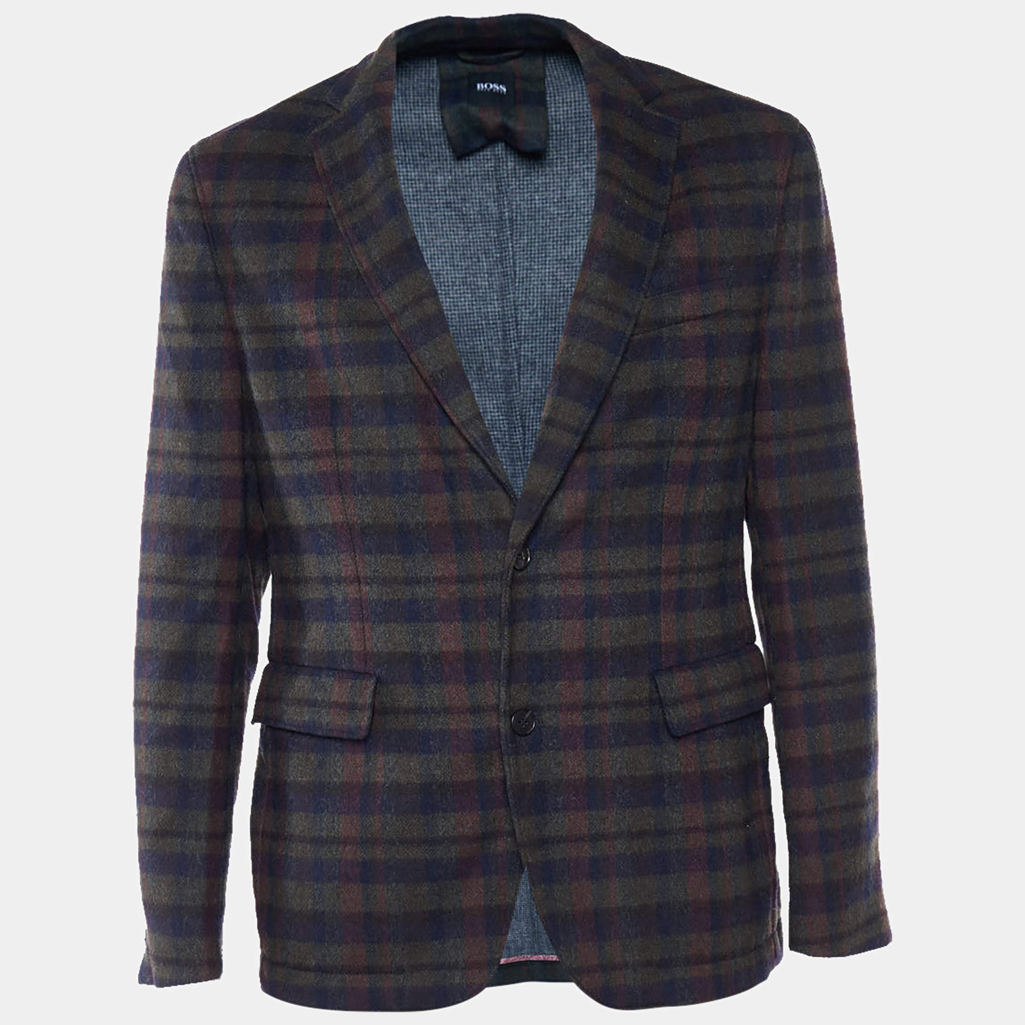 Pre Owned Boss By Hugo Boss Green Plaided Wool Button Front Blazer L