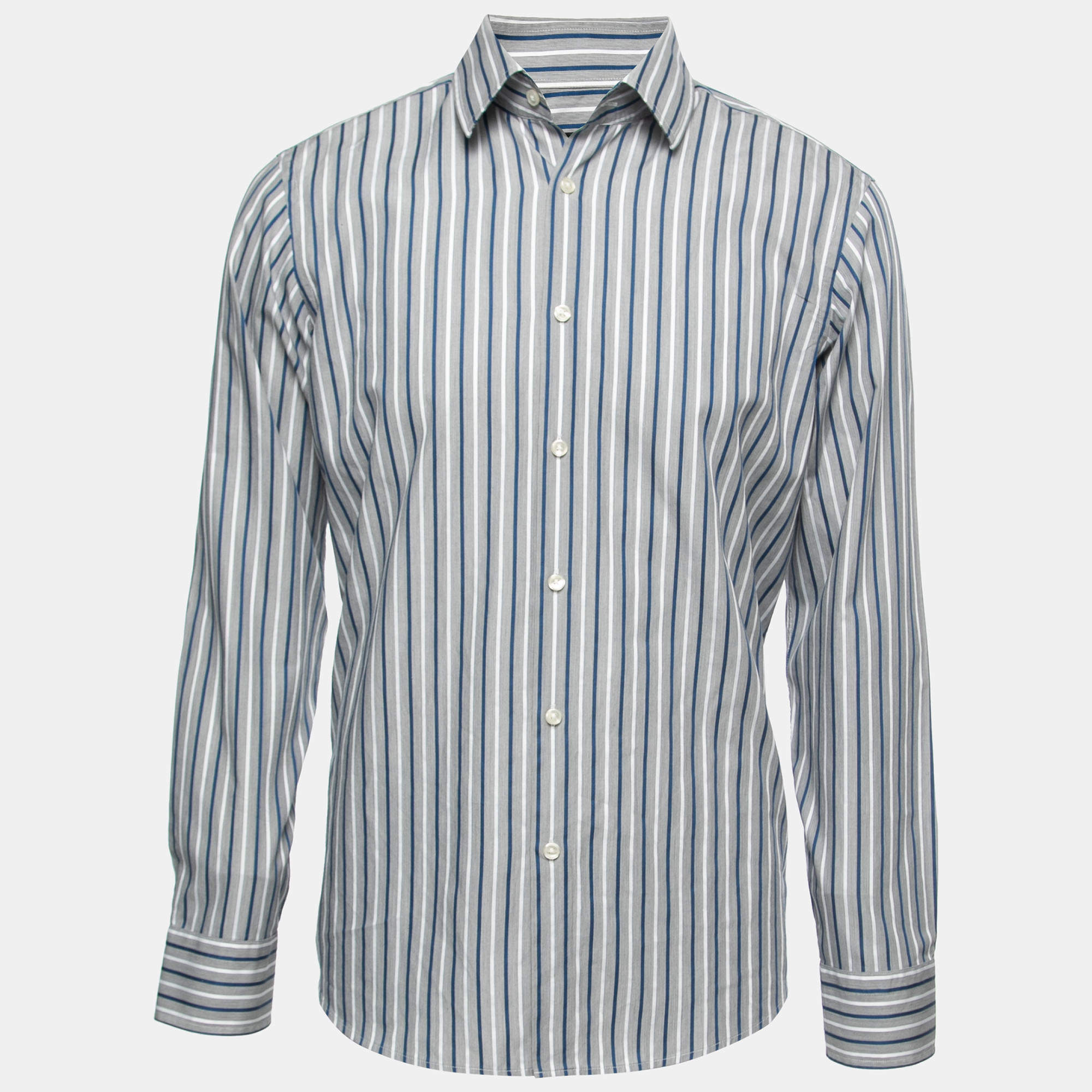 Pre Owned Boss By Hugo Boss Grey & Blue Striped Cotton Button Front Shirt L