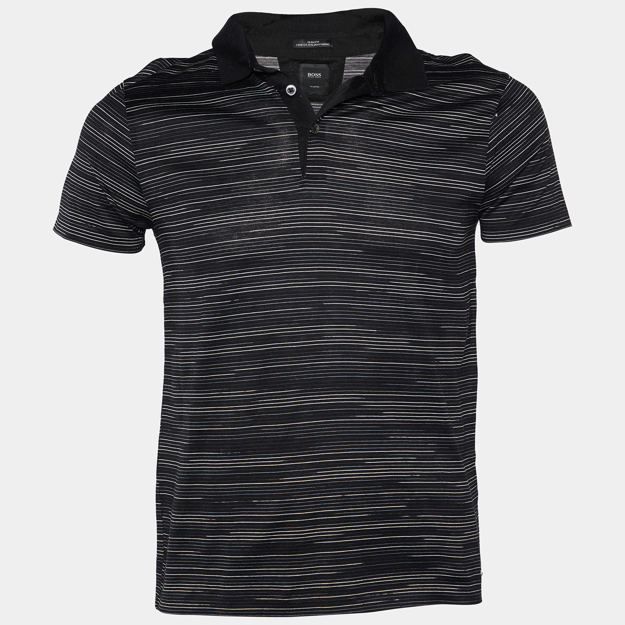 Pre Owned Boss By Hugo Boss Black Striped Cotton Knit Polo T-Shirt S