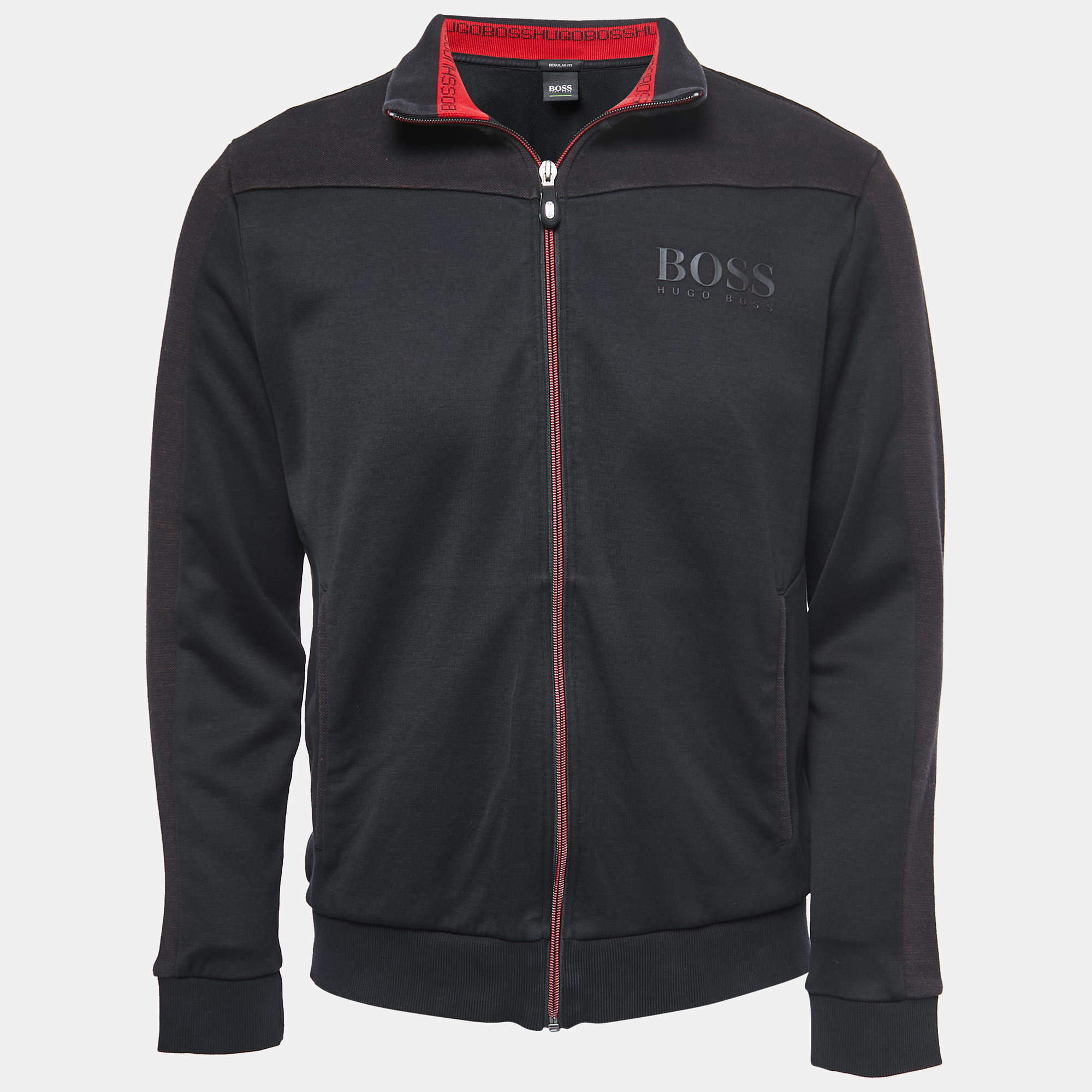 Pre Owned Boss By Hugo Boss Navy Blue Cotton Knit Zip Font  Jacket L