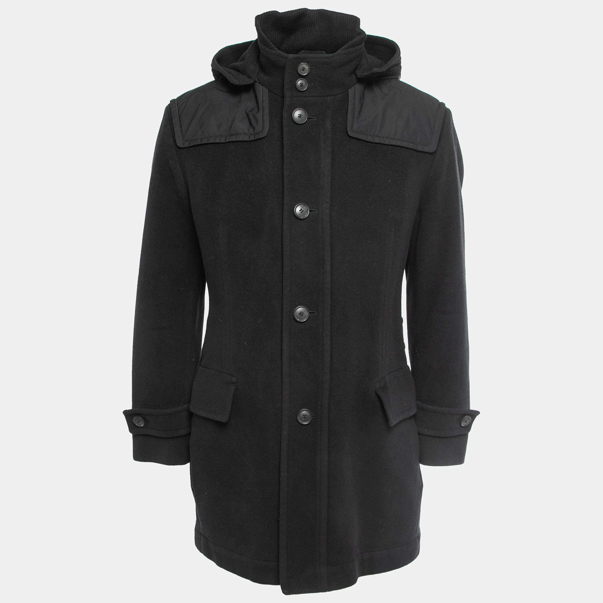 Pre Owned Boss By Hugo Boss Black Wool Single Breasted Hooded Coat M