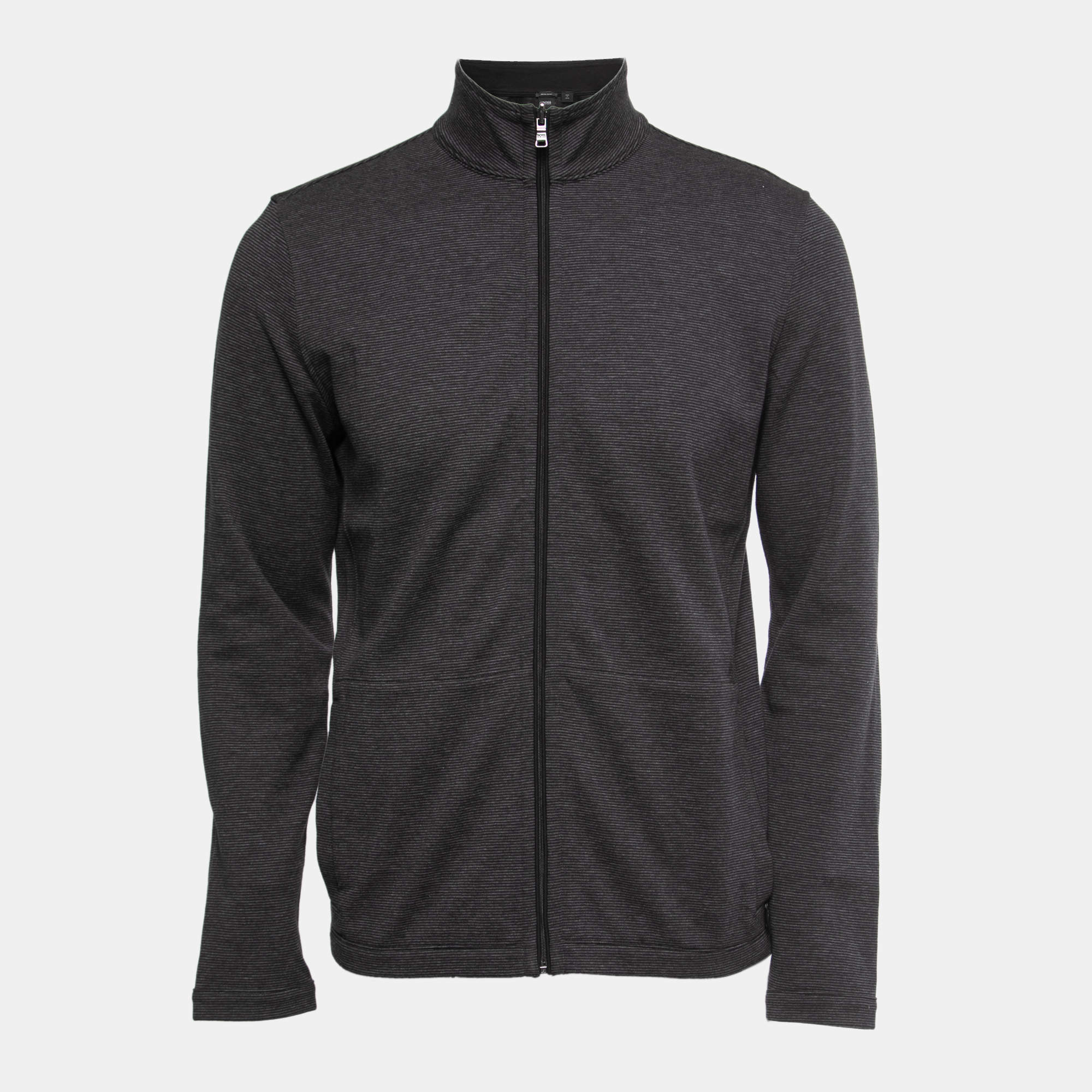 Pre Owned Boss By Hugo Boss Grey Striped Cotton Fossa 17 Zip Up Jacket M