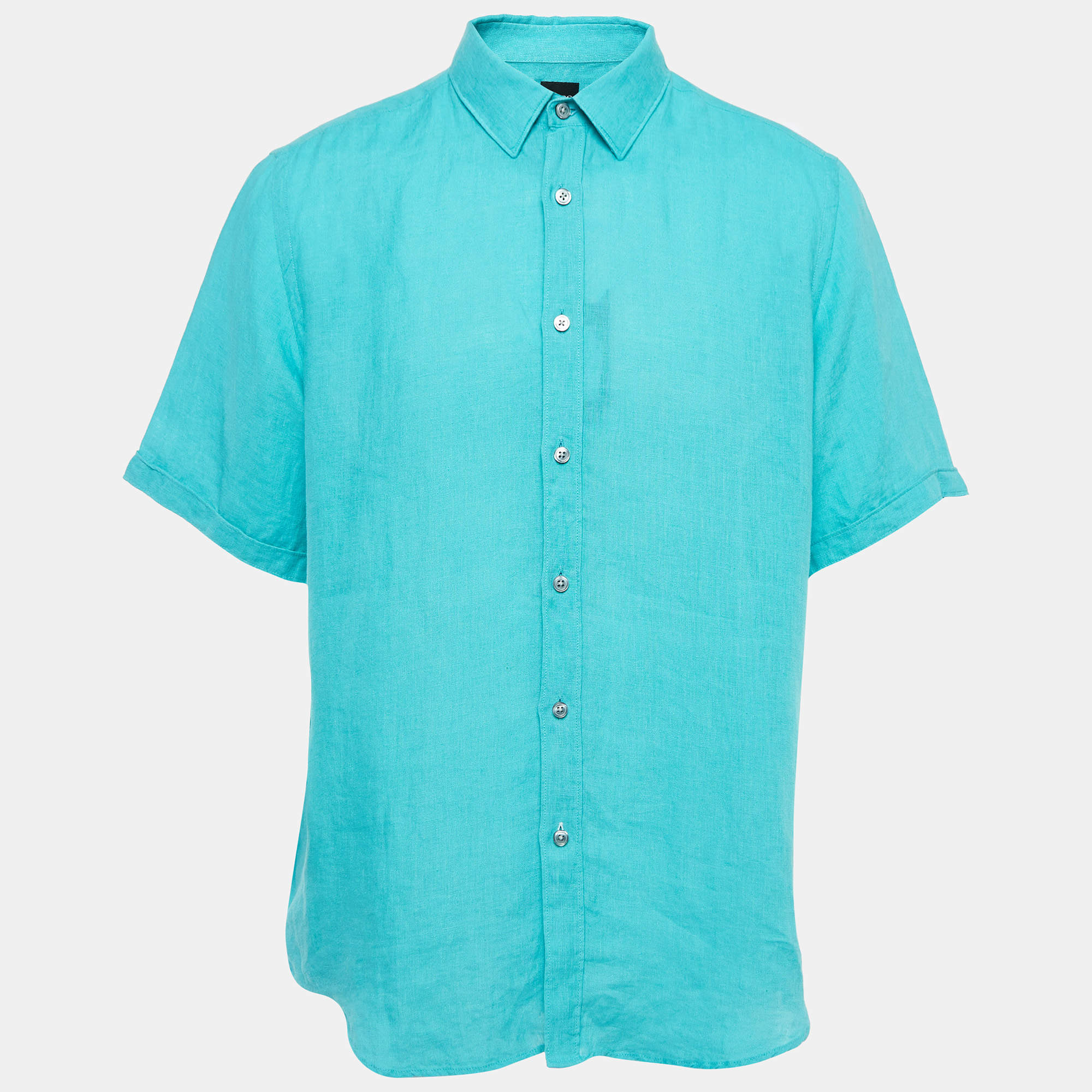 Pre Owned Boss By Hugo Boss Blue Linen Button Front Half Sleeve Shirt XL