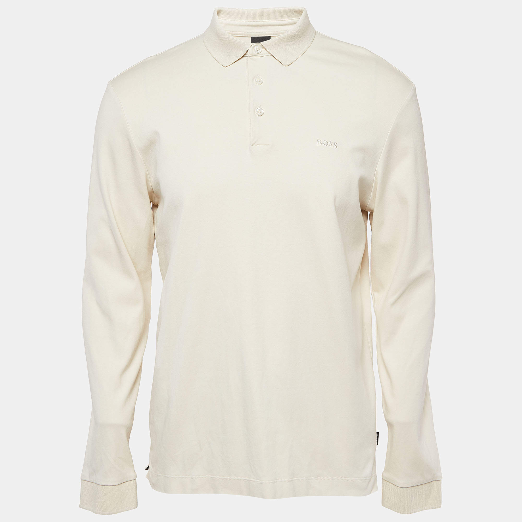 Pre Owned Boss By Hugo Boss Cream Cotton Knit Long Sleeve Polo T-Shirt L