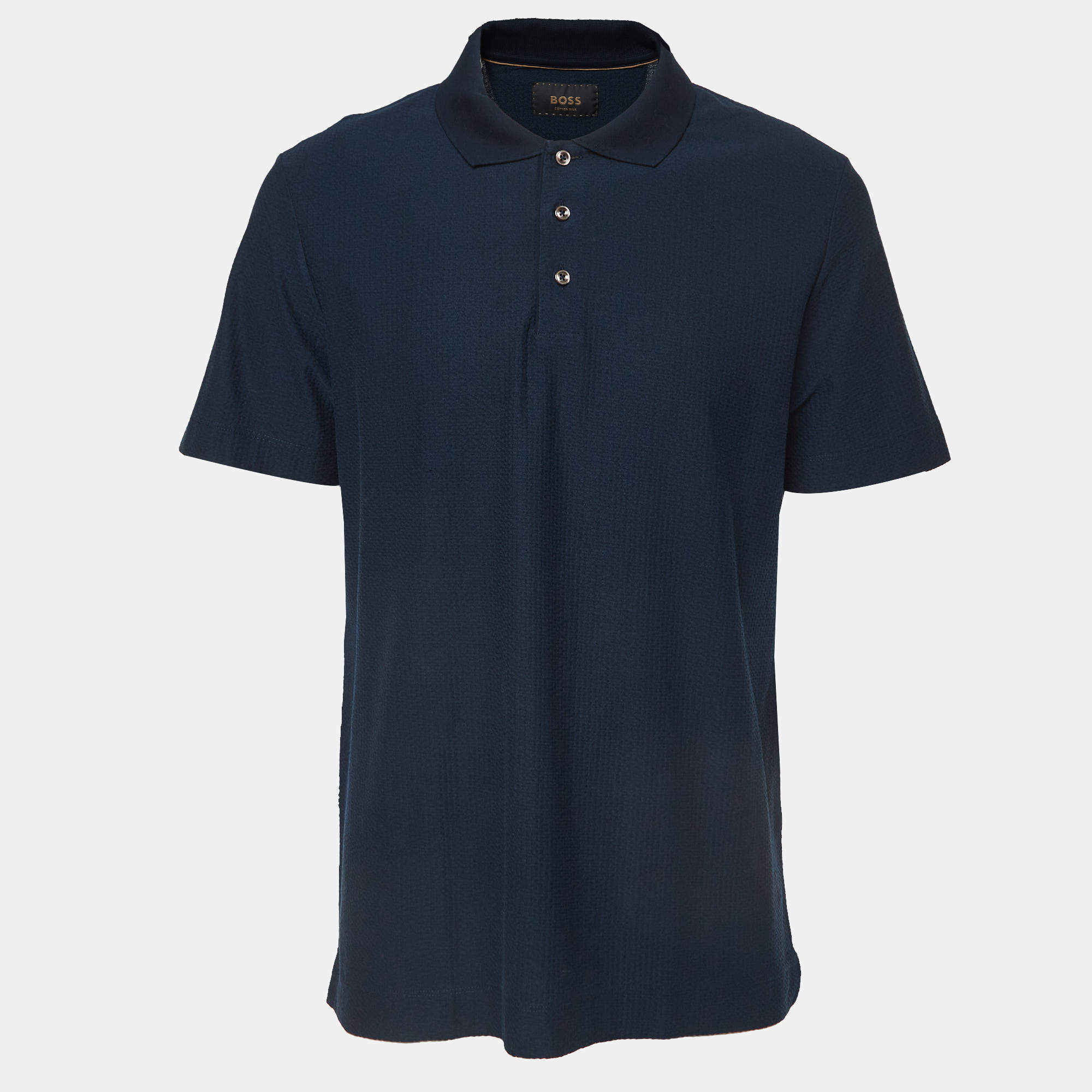 Pre Owned Boss By Hugo Boss Navy Blue Textured Jersey Polo T-Shirt XXL