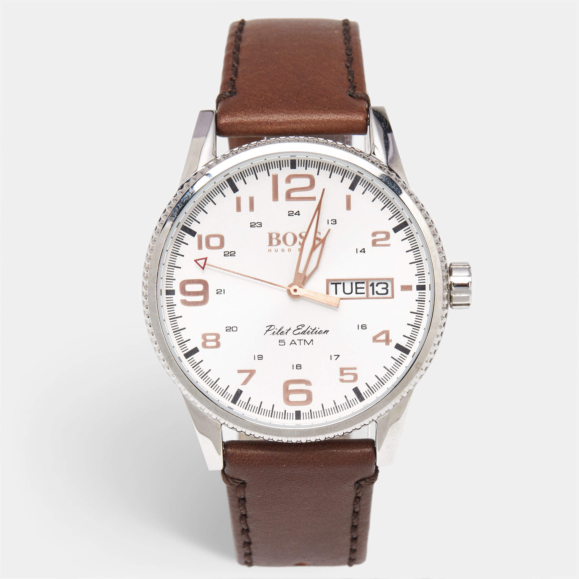 Boss By Hugo Boss Silver Stinless Steel Leather Pilot Edition HB.279.1.14.2872 Men's Wristwatch 44 mm