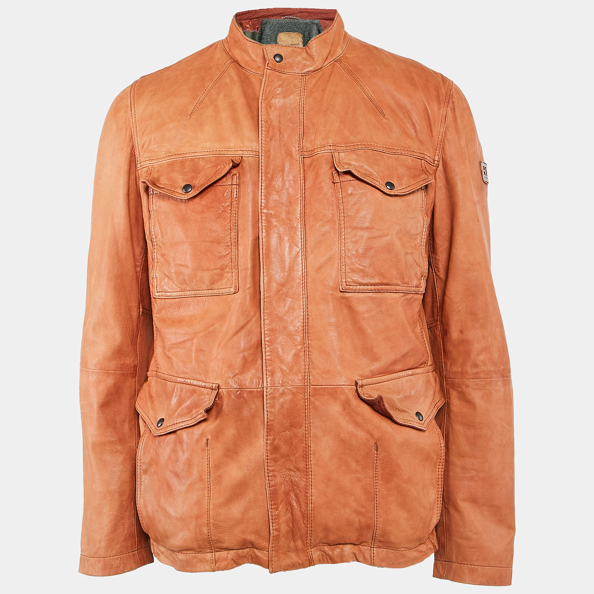 Pre Owned Boss Orange by Hugo Boss Brown Leather Zip-Up Jacket L
