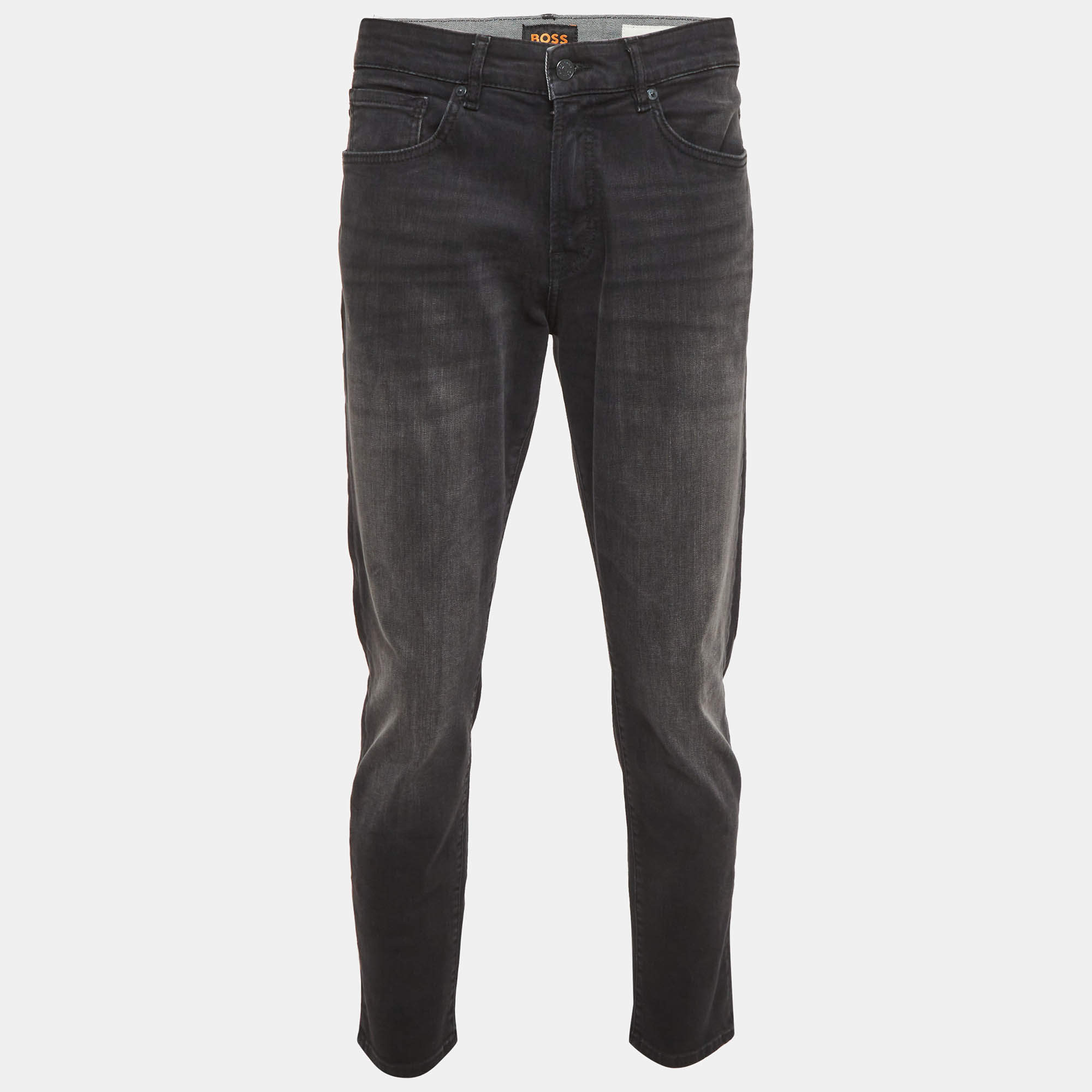 مملوكة مسبقًا بنطلون جينز بوس أورانج باي هوجو بوس دينم أسود أونيكس ضيق مدبب مقاس متوسط - الخصر 37"