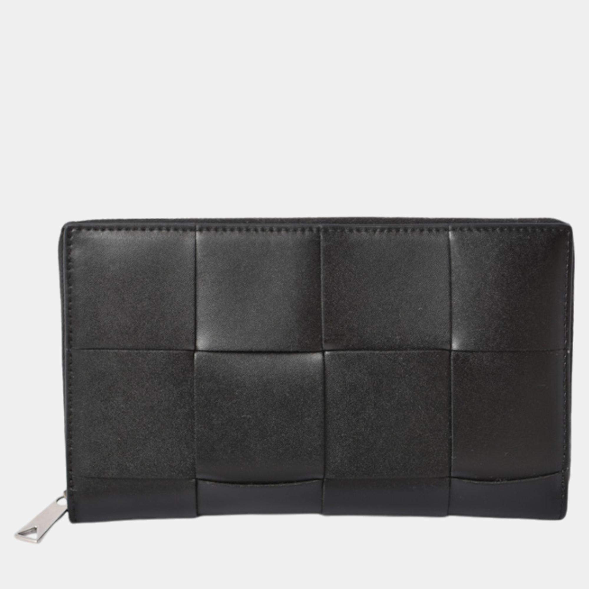 Bottega Veneta Black Leather Intrecciato Zip-Around Long Wallet