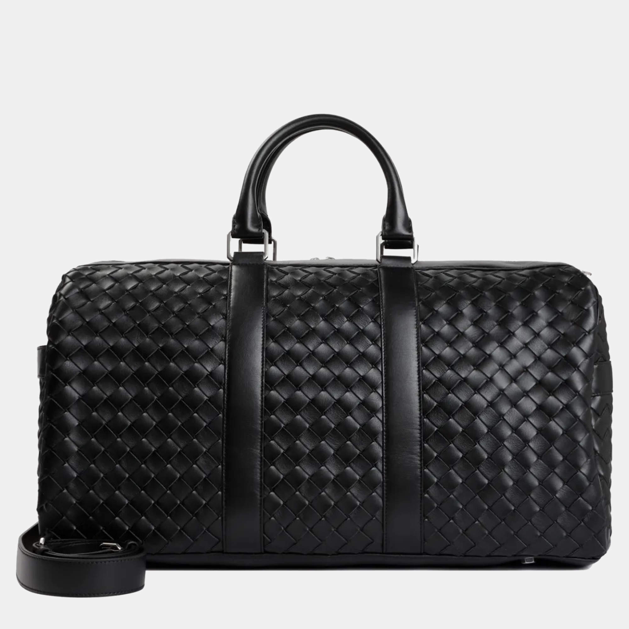 Bottega Veneta Black Leather Classic Intrecciato Duffle Bag