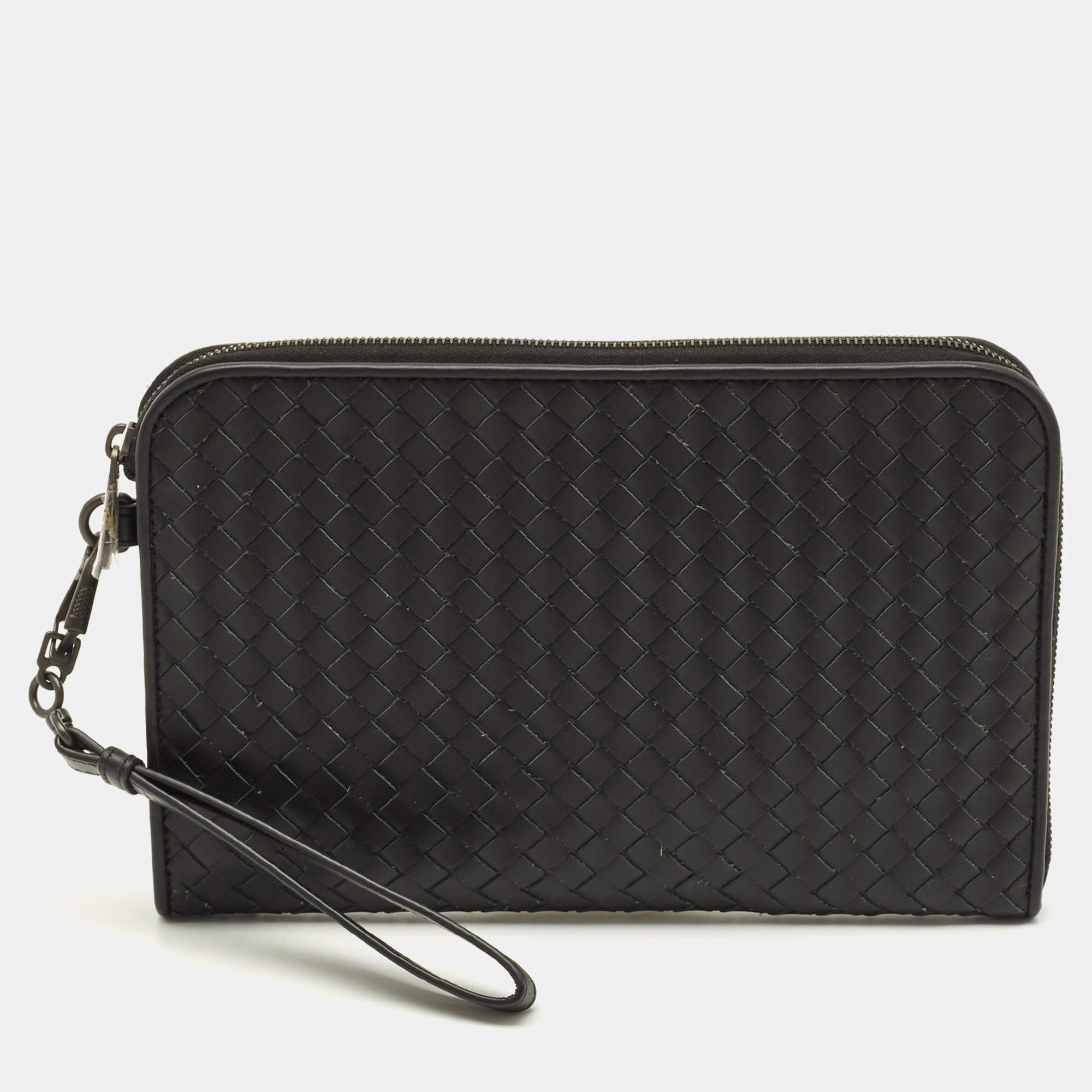 Pre Owned Bottega Veneta Black Intrecciato Leather Document Clutch