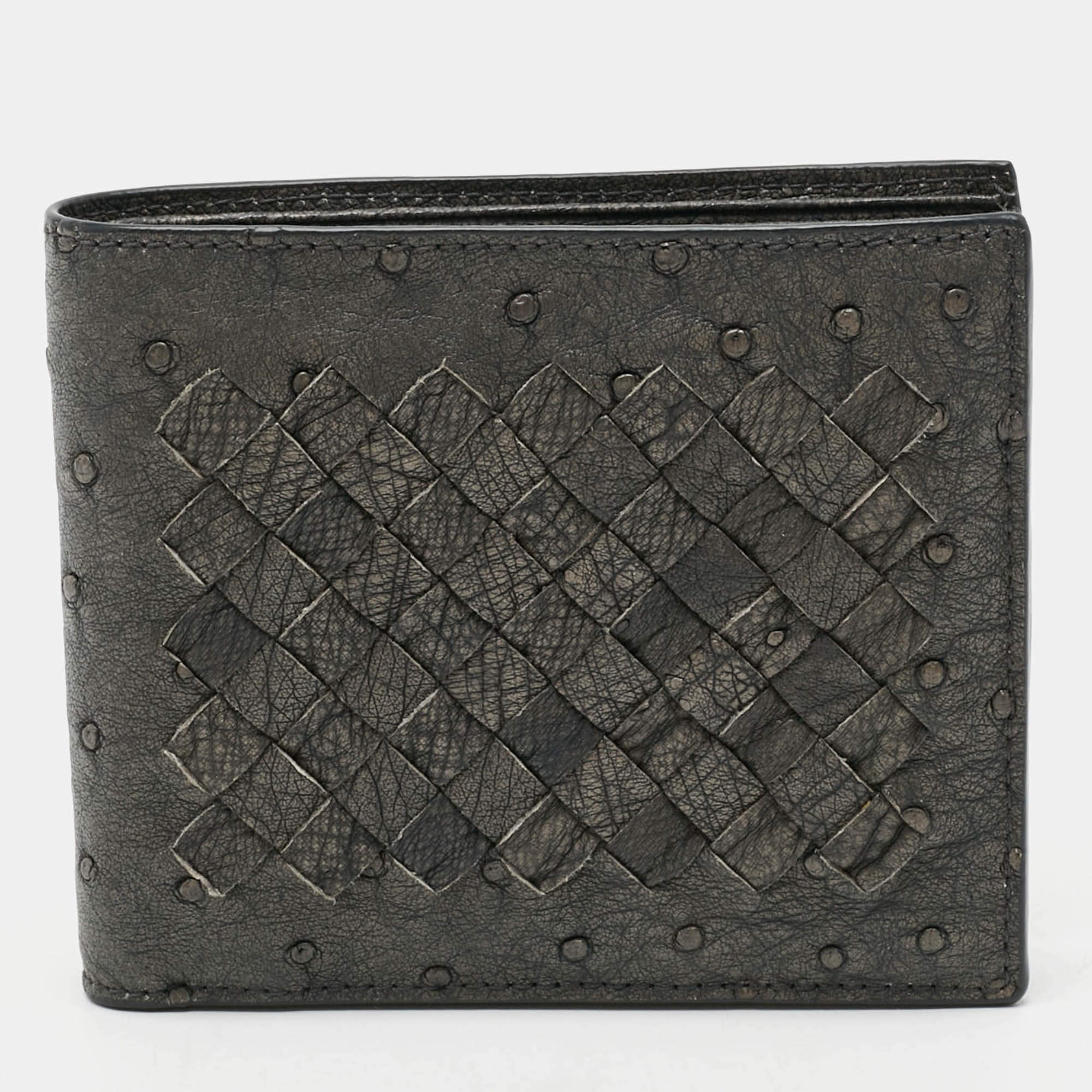 Pre Owned Bottega Veneta Grey Intrecciato Ostrich Bifold Wallet