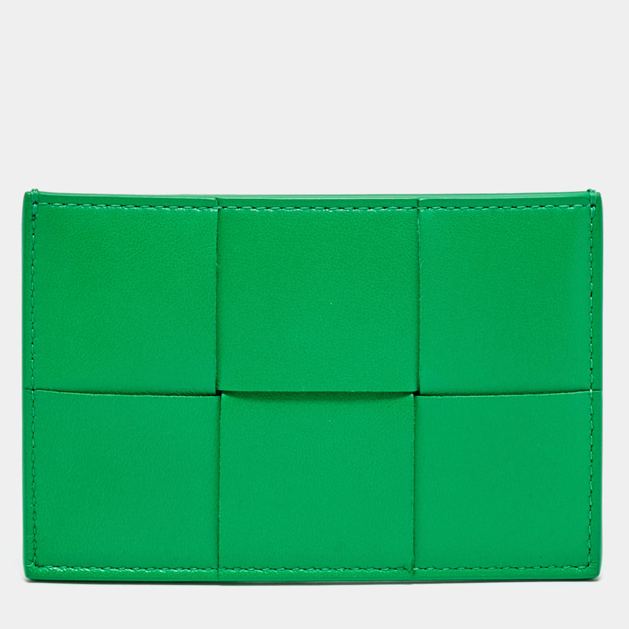 Pre Owned Bottega Veneta Cassette Green Intrecciato Leather Card Holder