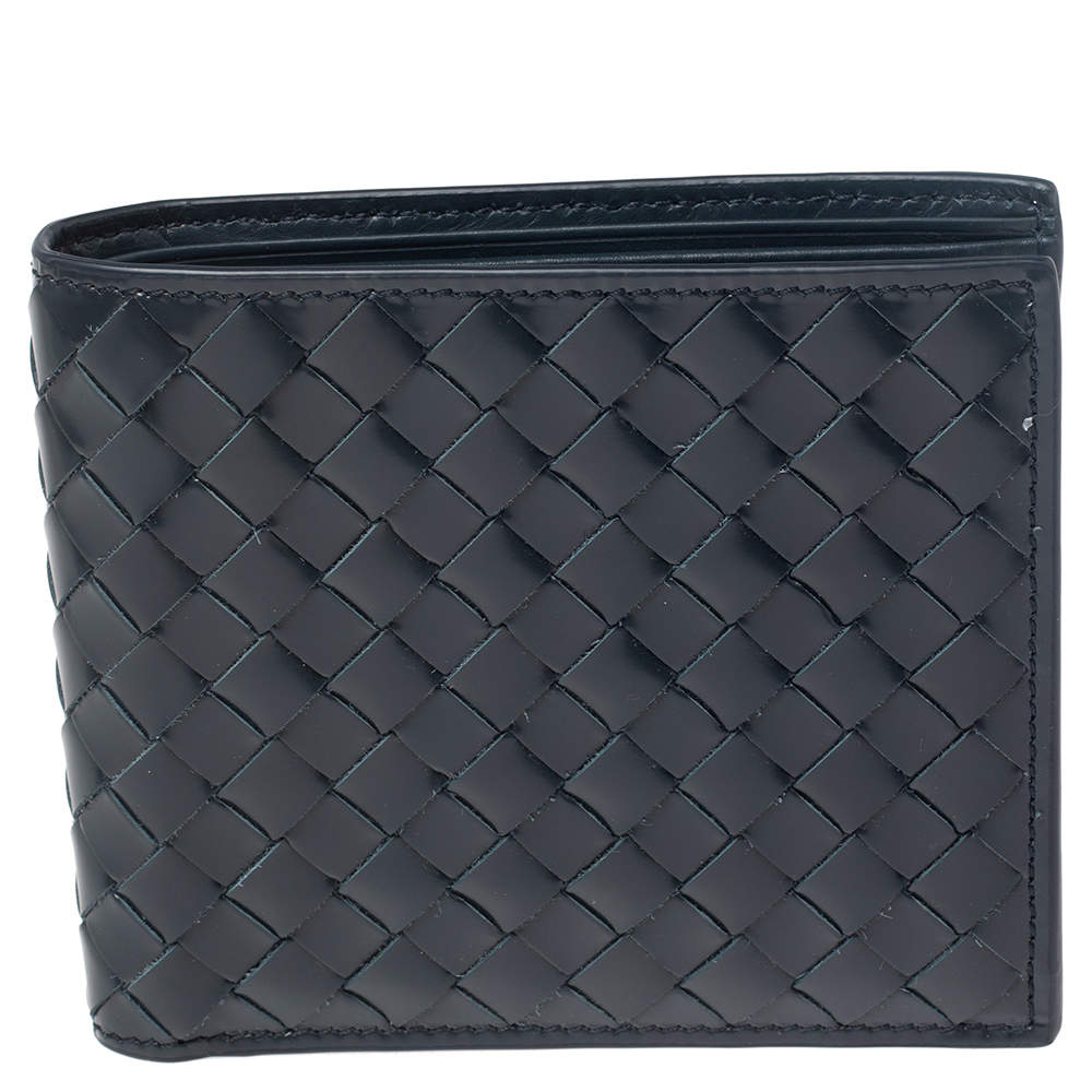 Pre Owned Bottega Veneta Navy Blue Intrecciato Leather Bifold Wallet