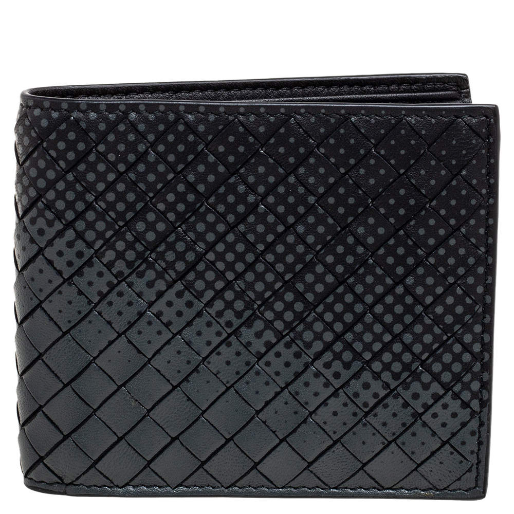 Pre Owned Bottega Veneta Black/Grey Intrecciato Leather Bifold Compact Wallet