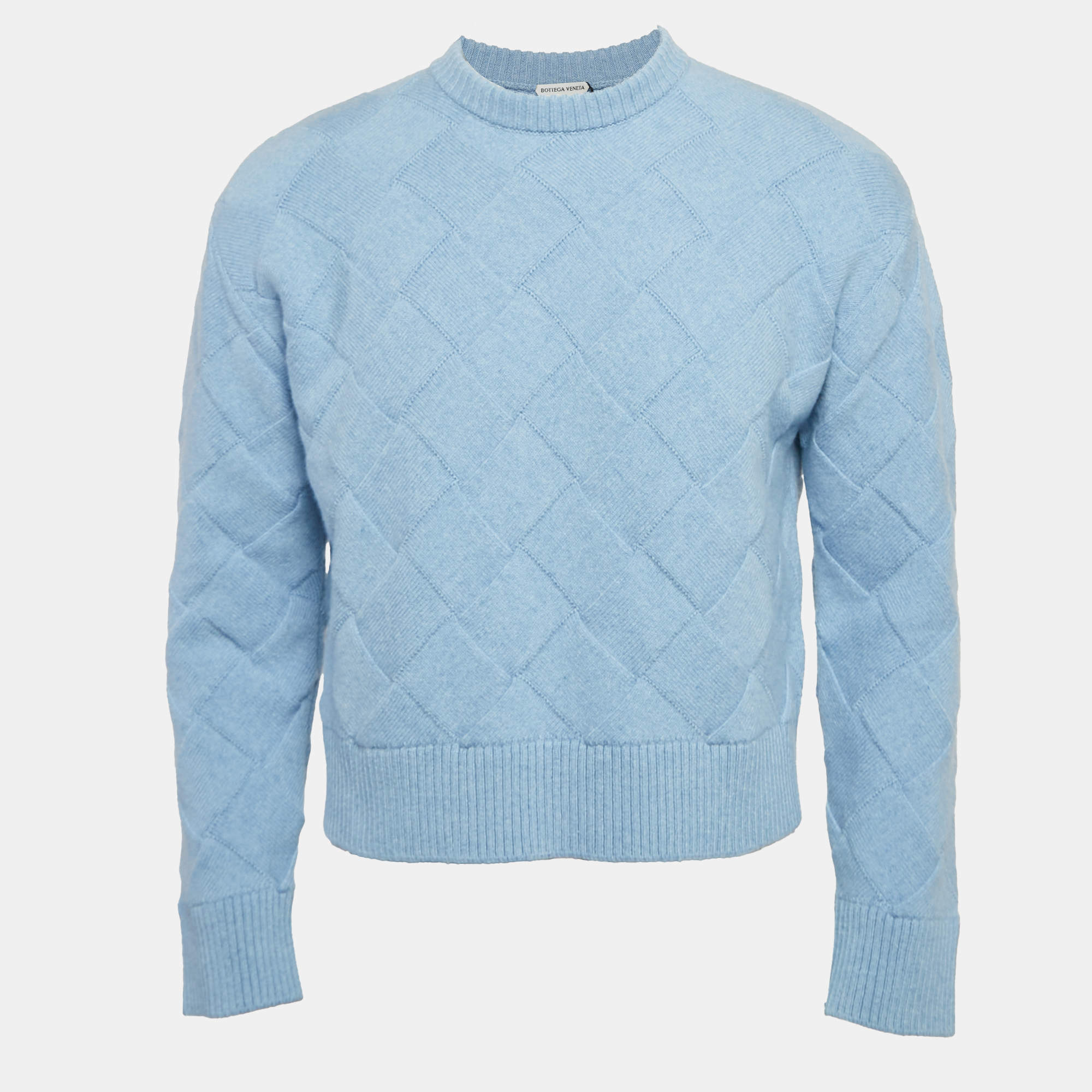 Pre Owned Bottega Veneta Blue Intreccio Wool Knit Crew Neck Jumper XS