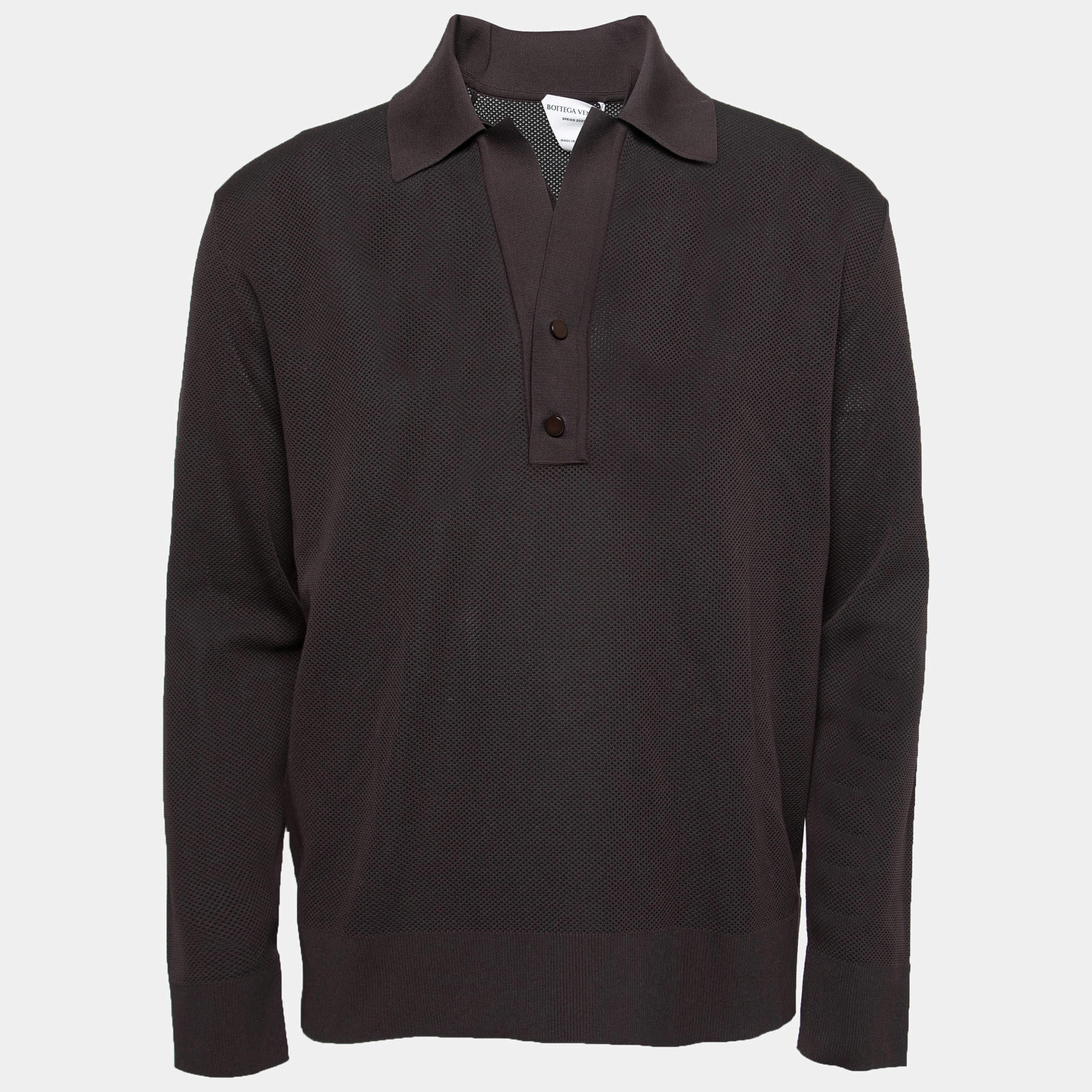 Pre Owned Bottega Veneta Brown Double Pique Long Sleeve Polo T-Shirt M