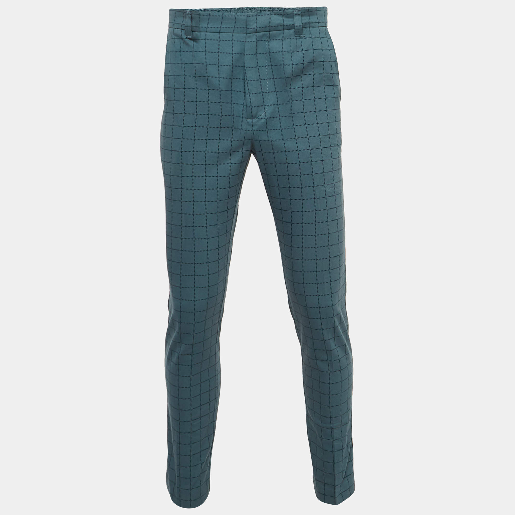 Bottega Veneta Blue Grid Check Cotton Formal Trousers S