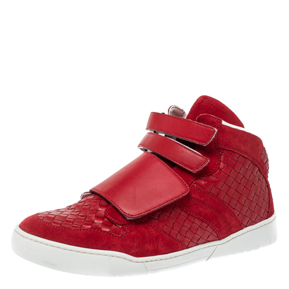 Bottega Veneta Red Intrecciato Leather and Suede Velcro Strap High Top Sneakers Size 44