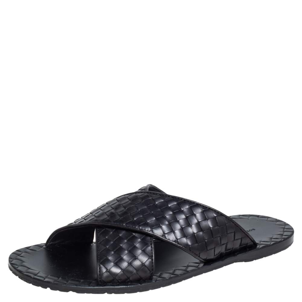 Pre Owned Bottega Veneta Black Intrecciato Leather Cross Strap Flat Slides Size 43