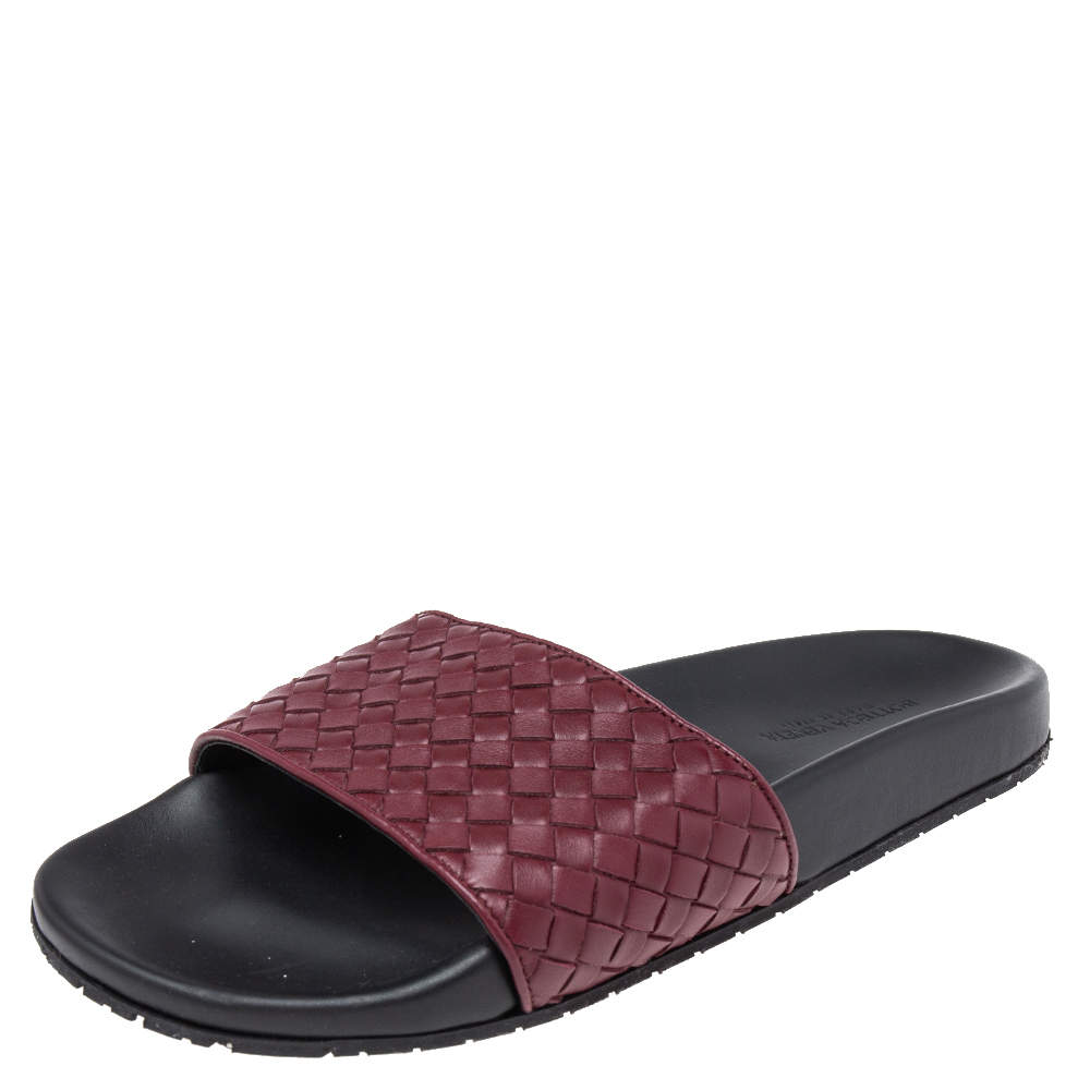 Pre Owned Bottega Veneta Burgundy Intrecciato Leather Flat Slides Size 40