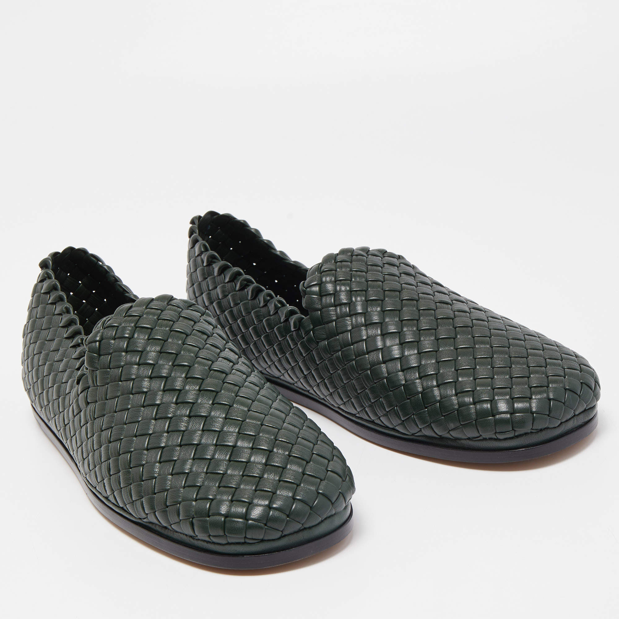 Bottega Veneta Dark Green Intrecciato Leather Slip On Loafers Size 44 Bottega  Veneta