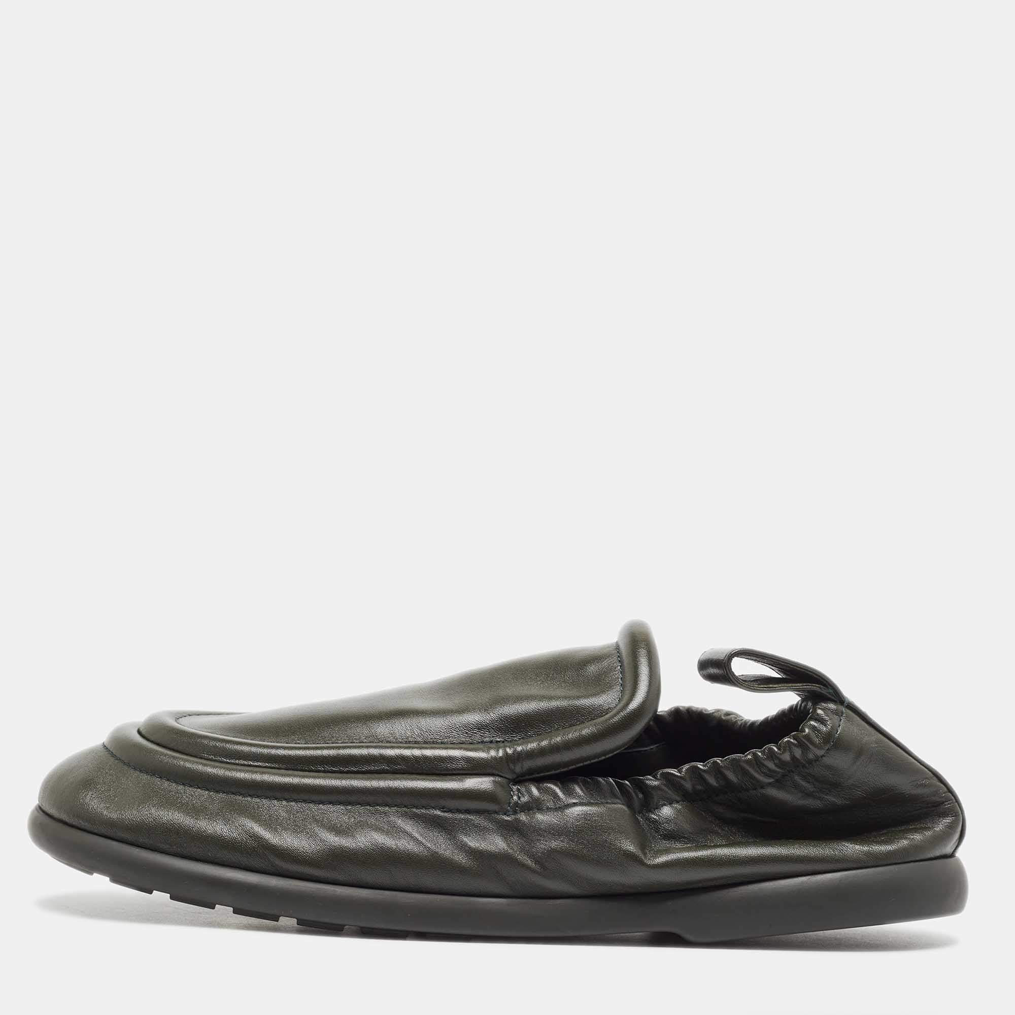 Pre Owned Bottega Veneta Dark Green Leather Lagoon Loafers Size 43