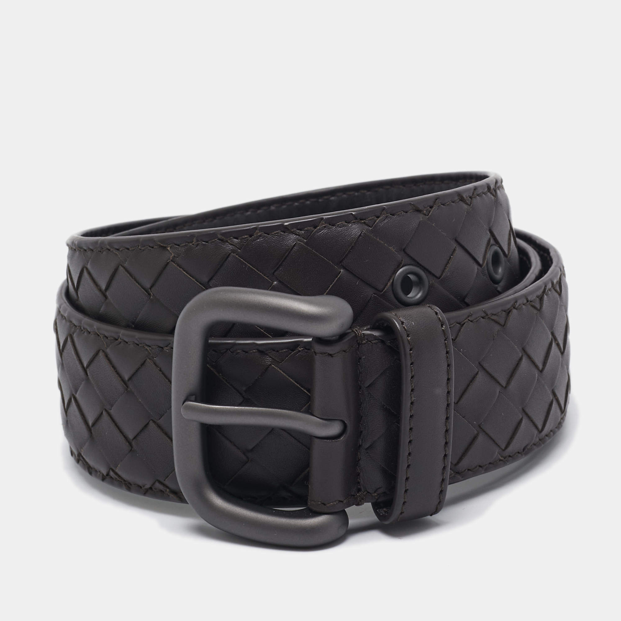 Bottega Veneta Brown Intrecciato Leather Buckle Belt 85 CM