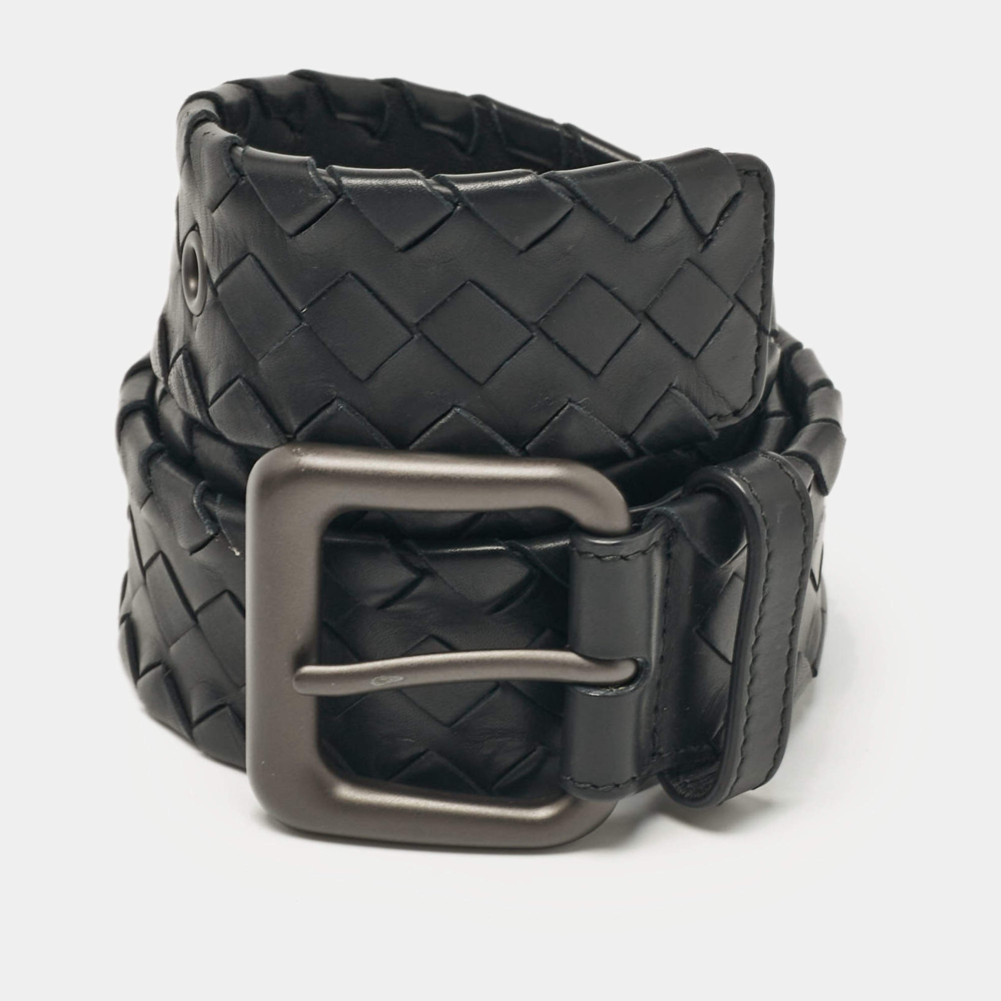 Bottega Veneta Black Intrecciato Leather Buckle Belt 75CM