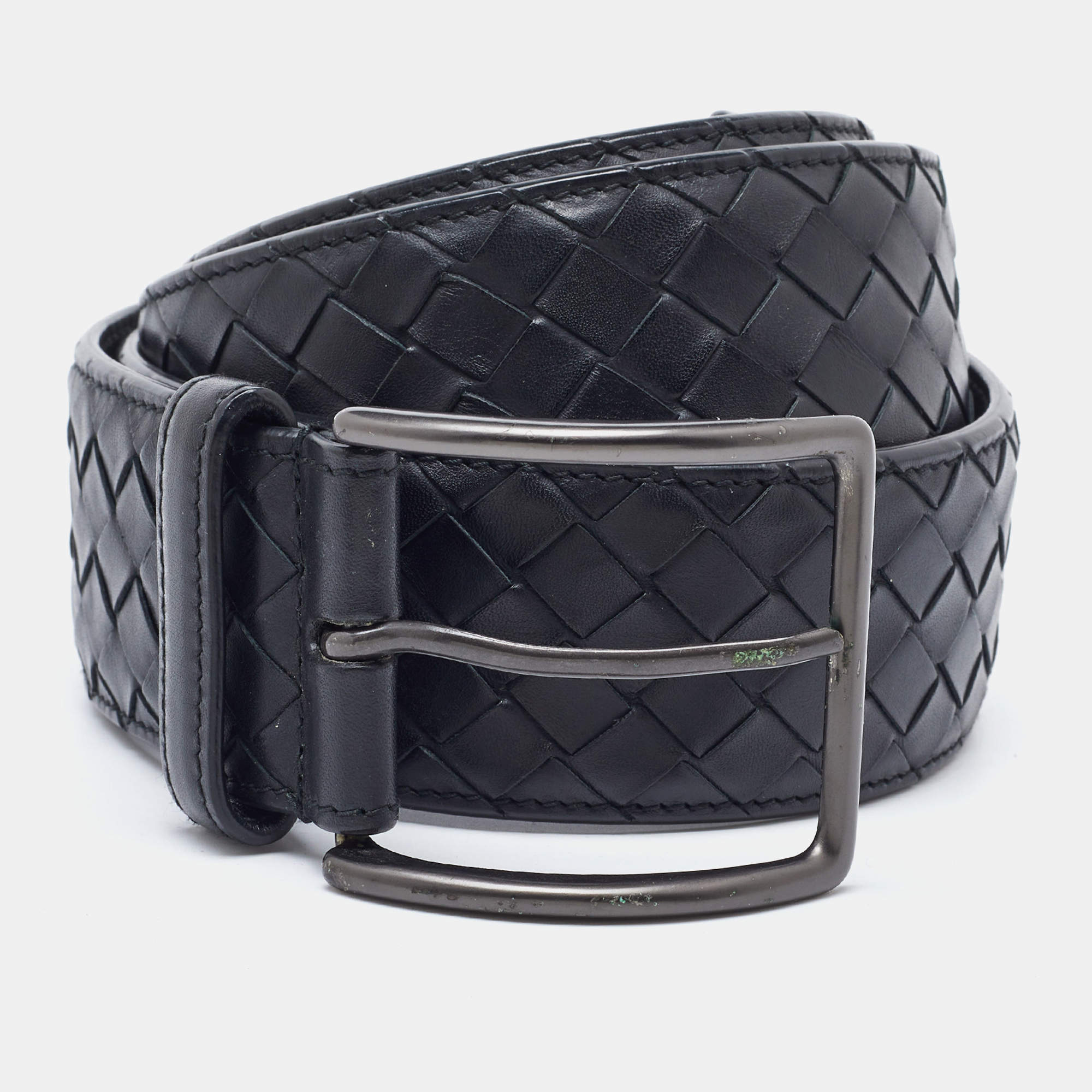 Bottega Veneta Black Intrecciato Leather Buckle Belt 110CM