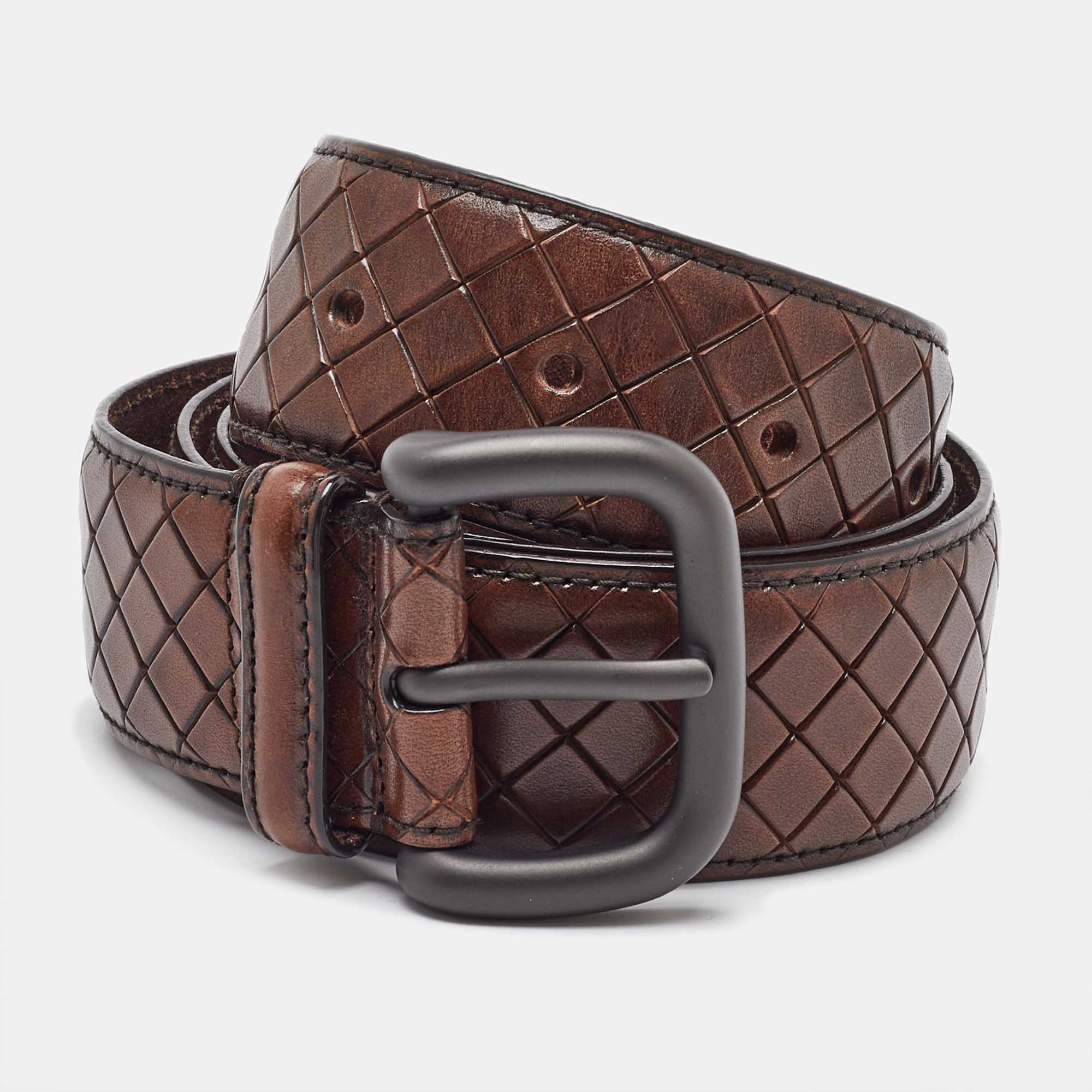 Bottega Veneta Brown Intrecciato Laser Leather Buckle Belt 95CM