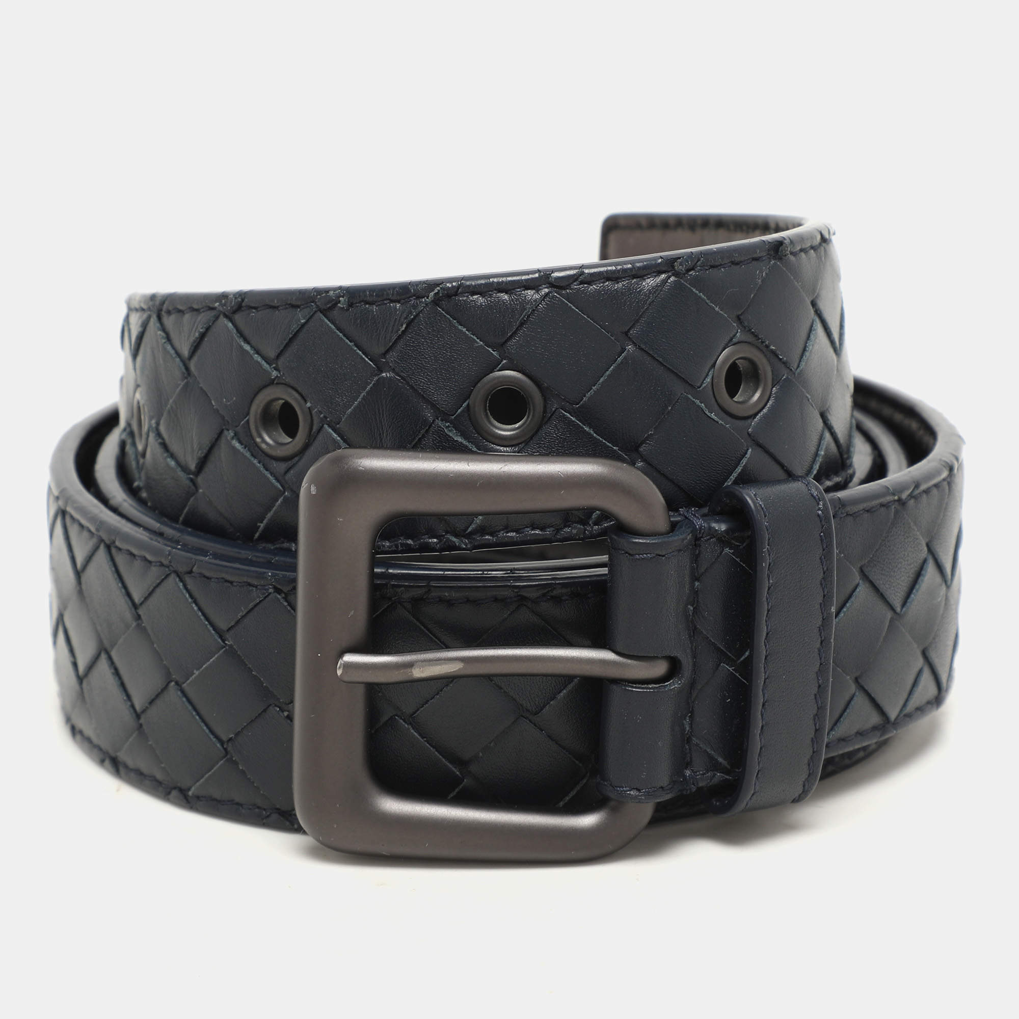 Bottega Veneta Navy Blue Intrecciato Leather Buckle Belt 95CM